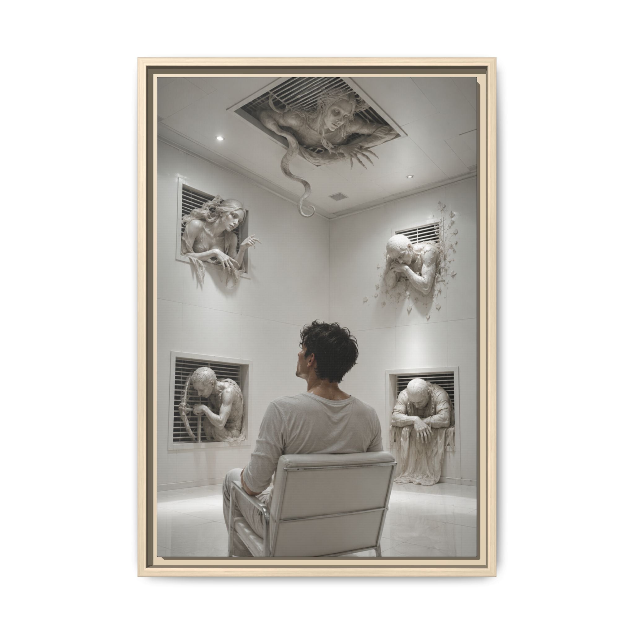 Surreal Wall Art Print — Man in Gallery with Sculpted Figures, Fine Art Paper Print