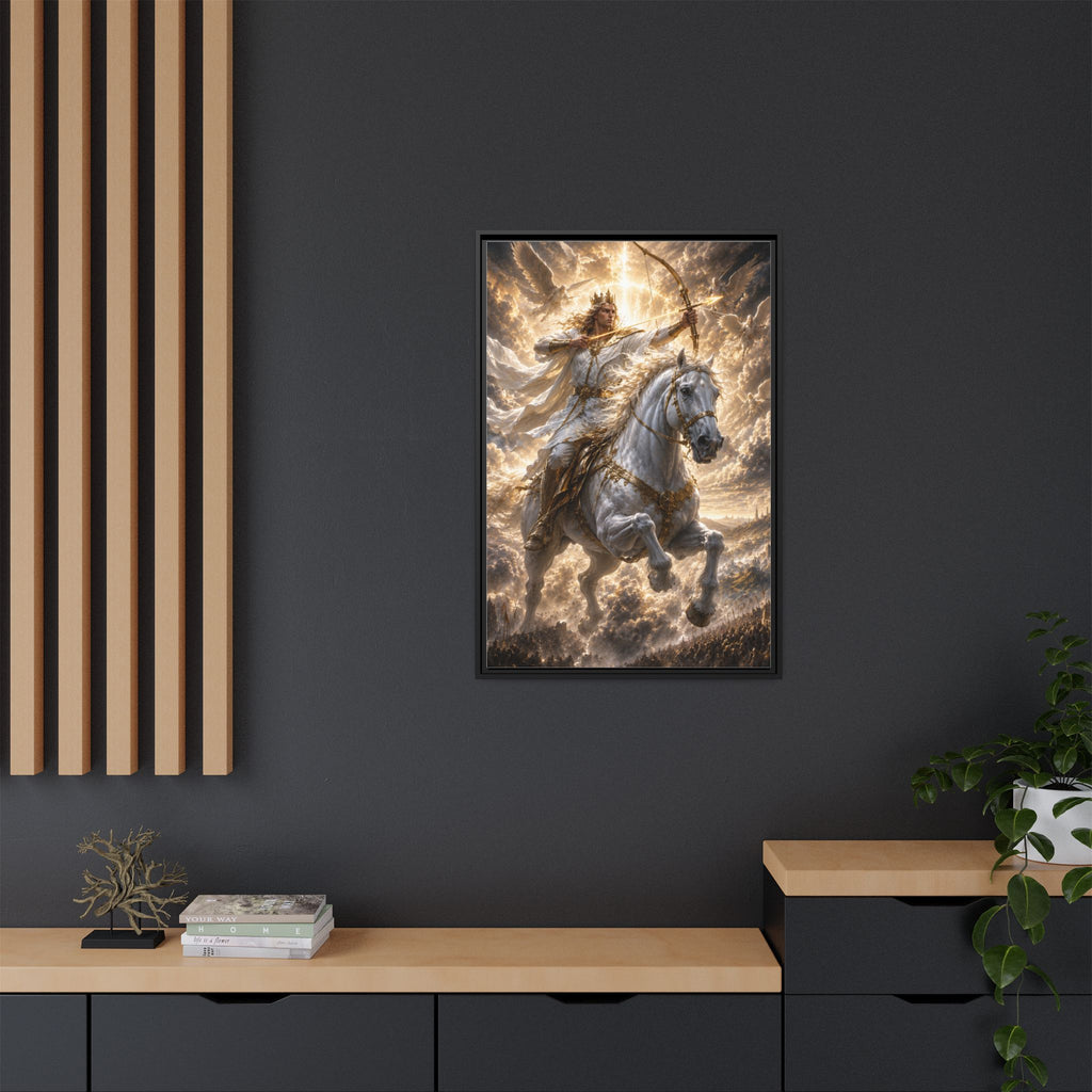 Mythic Warrior on White Steed — Framed Matte Canvas Wall Art