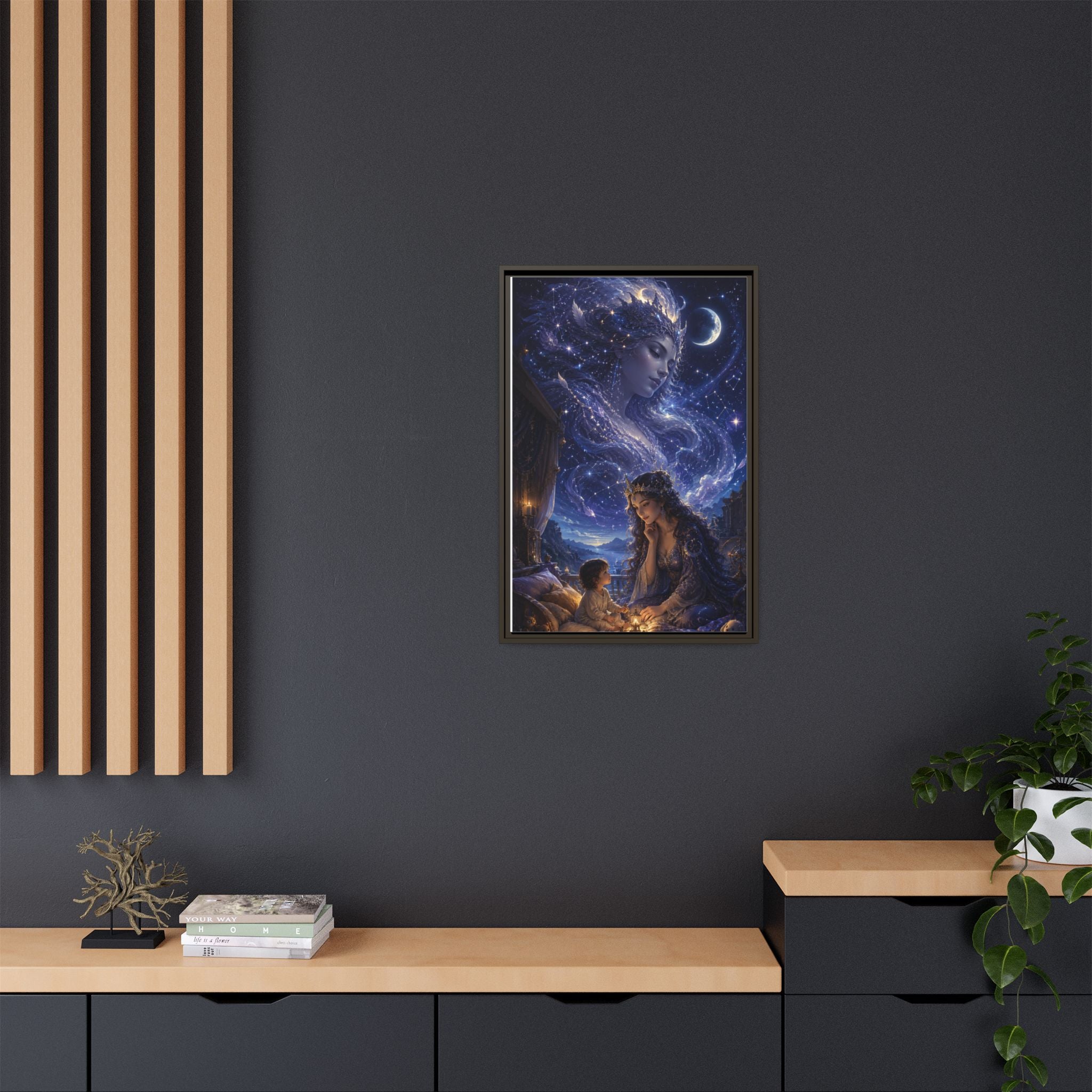Framed Matte Canvas — Mystical Moon Mother & Child Nightscape Wall Art