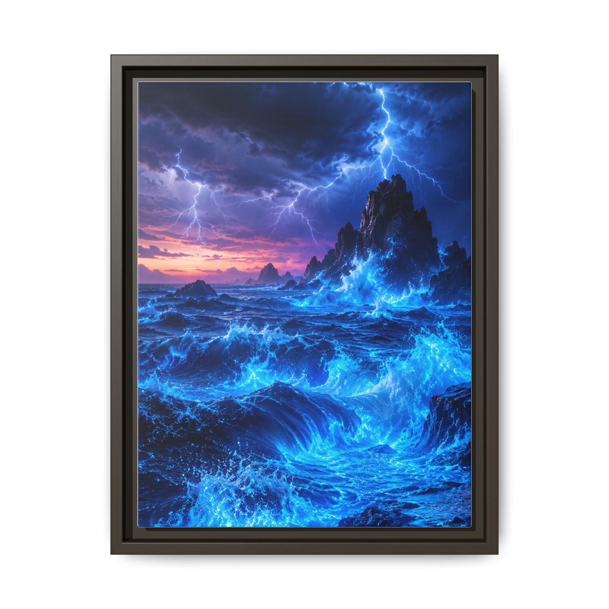 Framed Matte Canvas Art — Electric Stormy Ocean Landscape