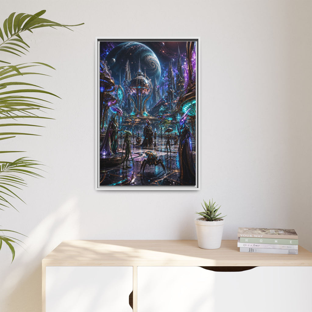Framed Matte Canvas - Neon Sci‑Fi Cityscape Wall Art