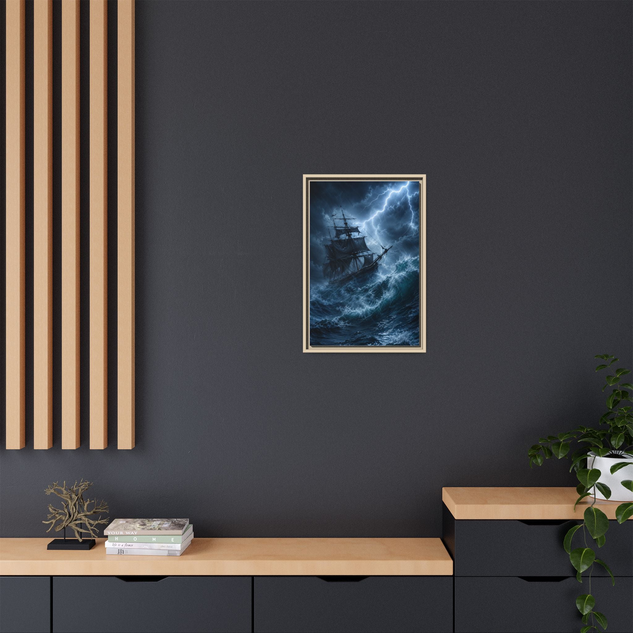 Stormy Seas Ship Painting — Framed Matte Canvas Wall Art