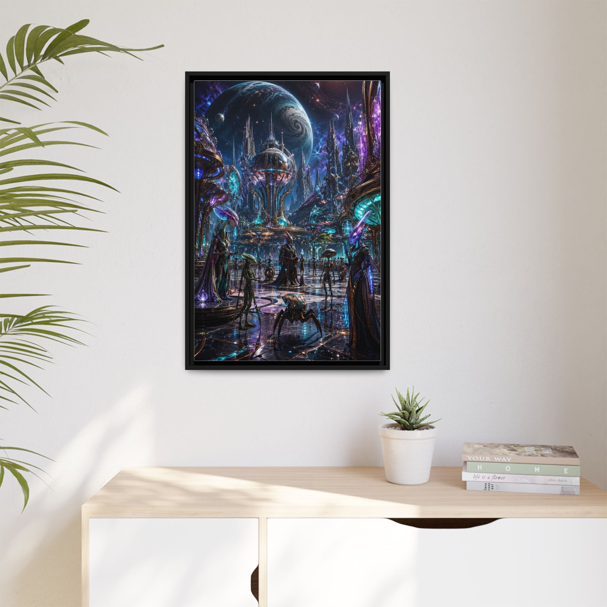 Framed Matte Canvas - Neon Sci‑Fi Cityscape Wall Art