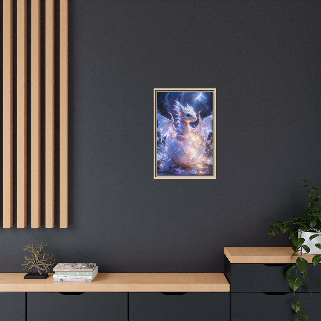 Framed Fantasy Dragon Canvas Print — Mystical Baby Dragon in Cracked Egg Wall Art