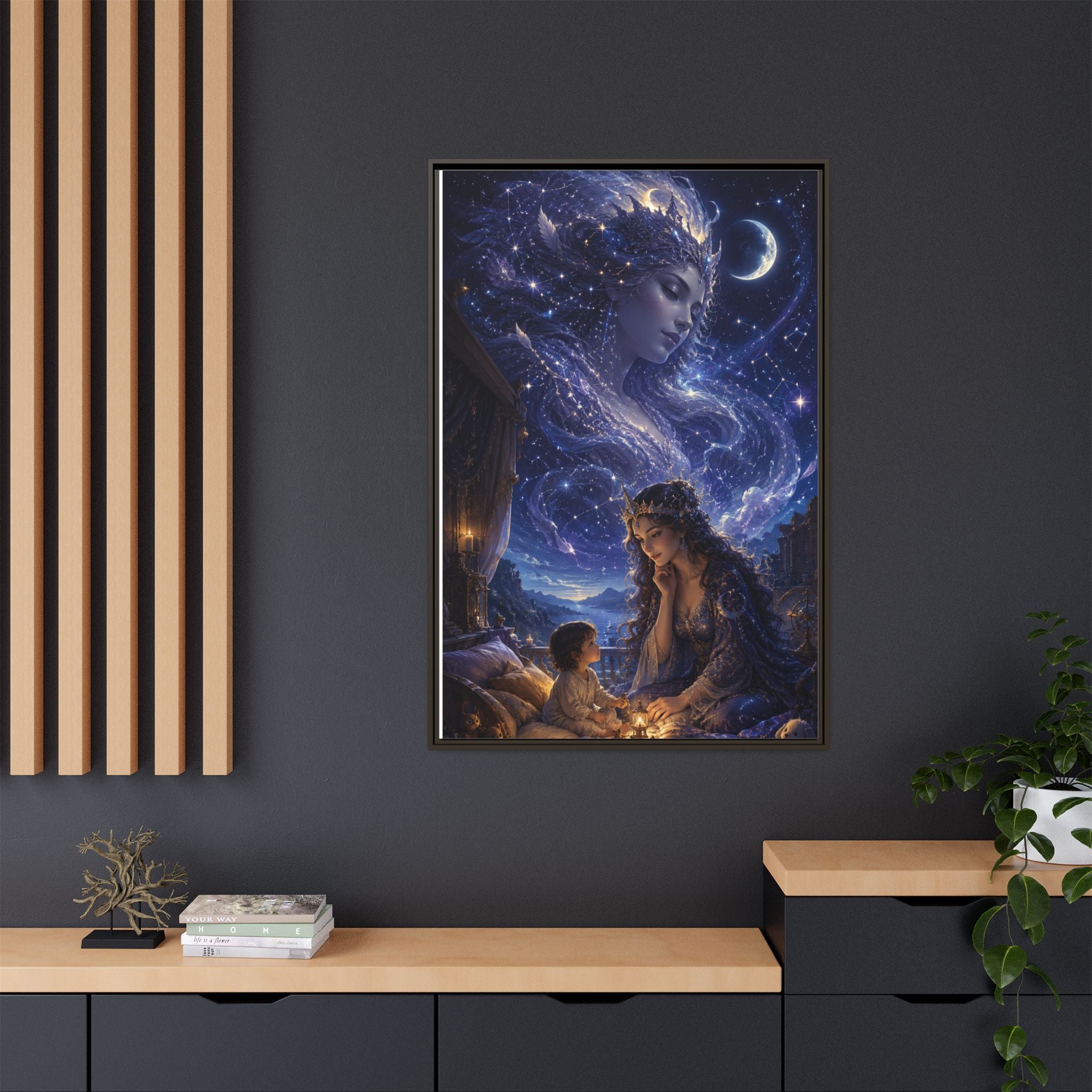 Framed Matte Canvas — Mystical Moon Mother & Child Nightscape Wall Art