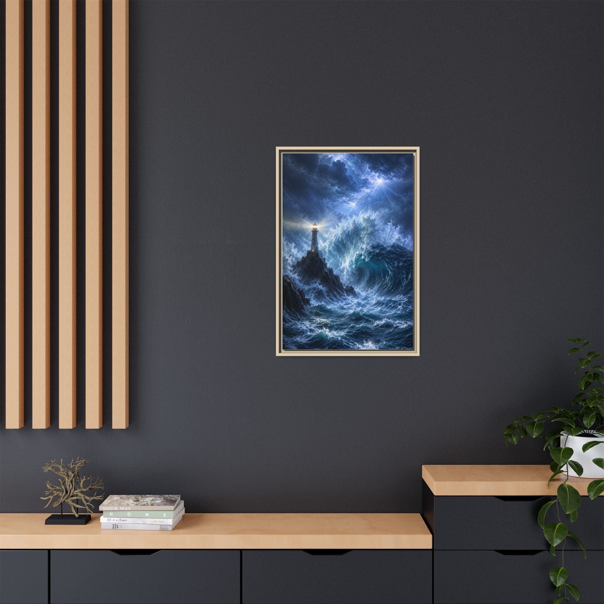 Framed Matte Canvas – Stormy Lighthouse Ocean Print