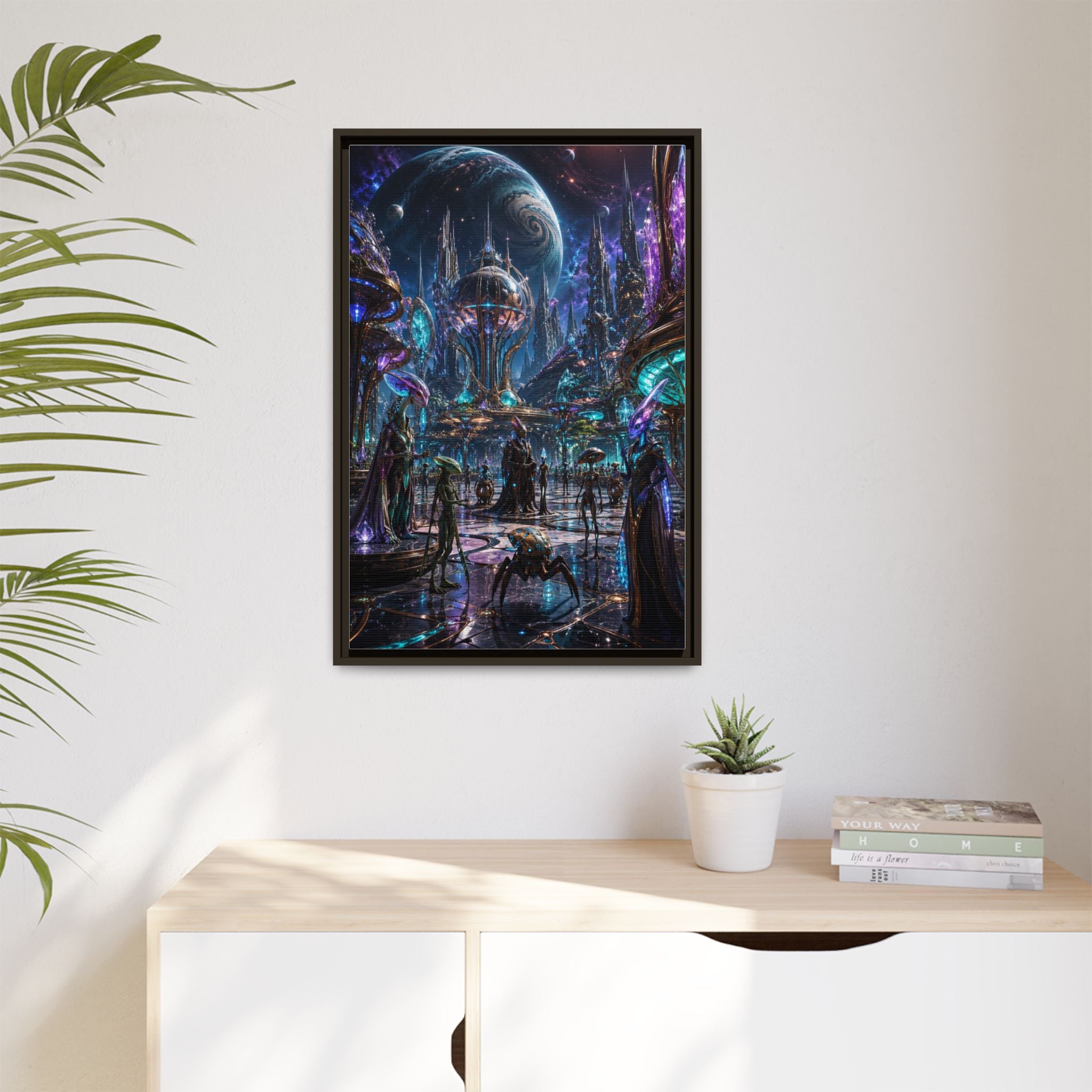 Framed Matte Canvas - Neon Sci‑Fi Cityscape Wall Art