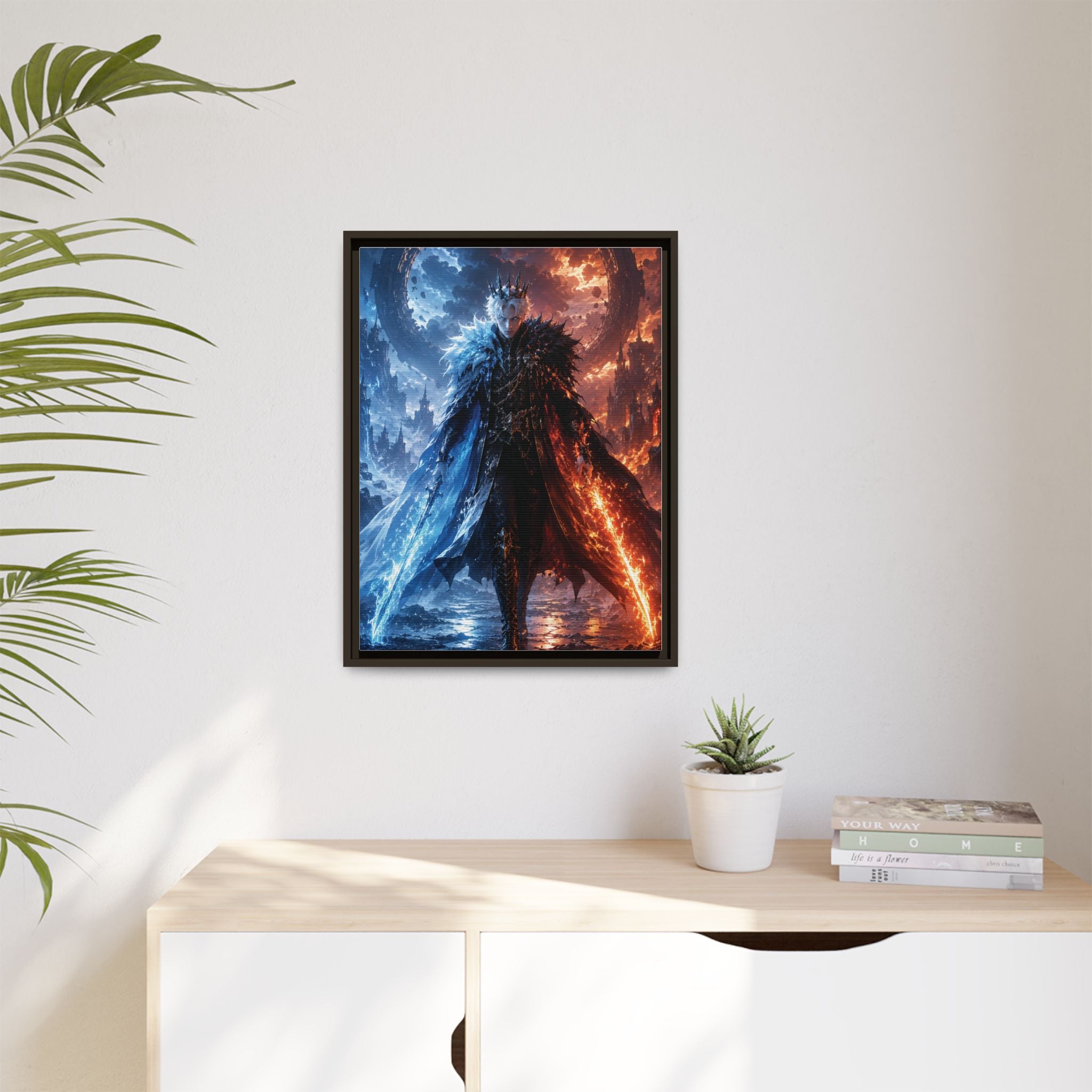 Framed Fantasy Canvas Print — Ice vs Fire Dark Knight Wall Art
