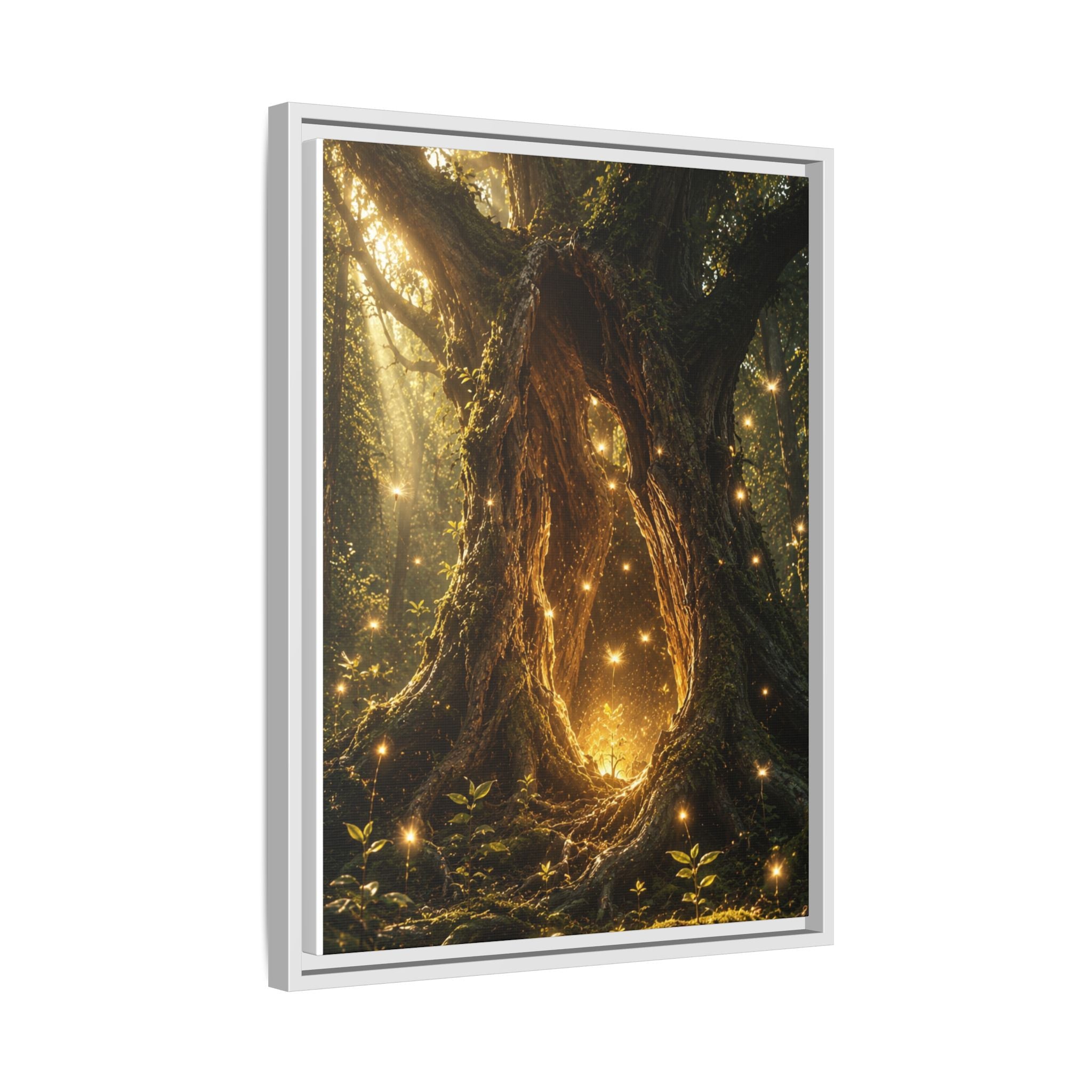 Framed Canvas Art - Enchanted Forest Tree with Glowing Fireflies