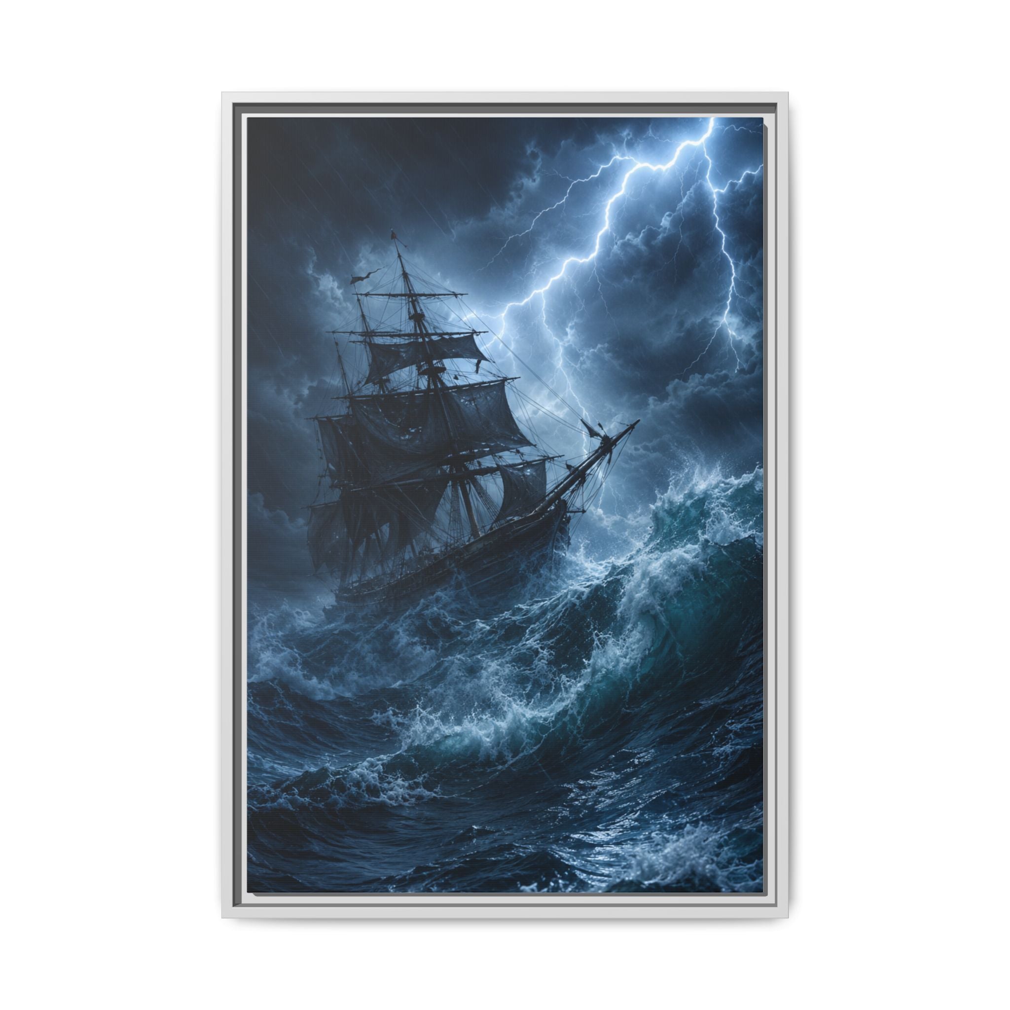 Stormy Seas Ship Painting — Framed Matte Canvas Wall Art