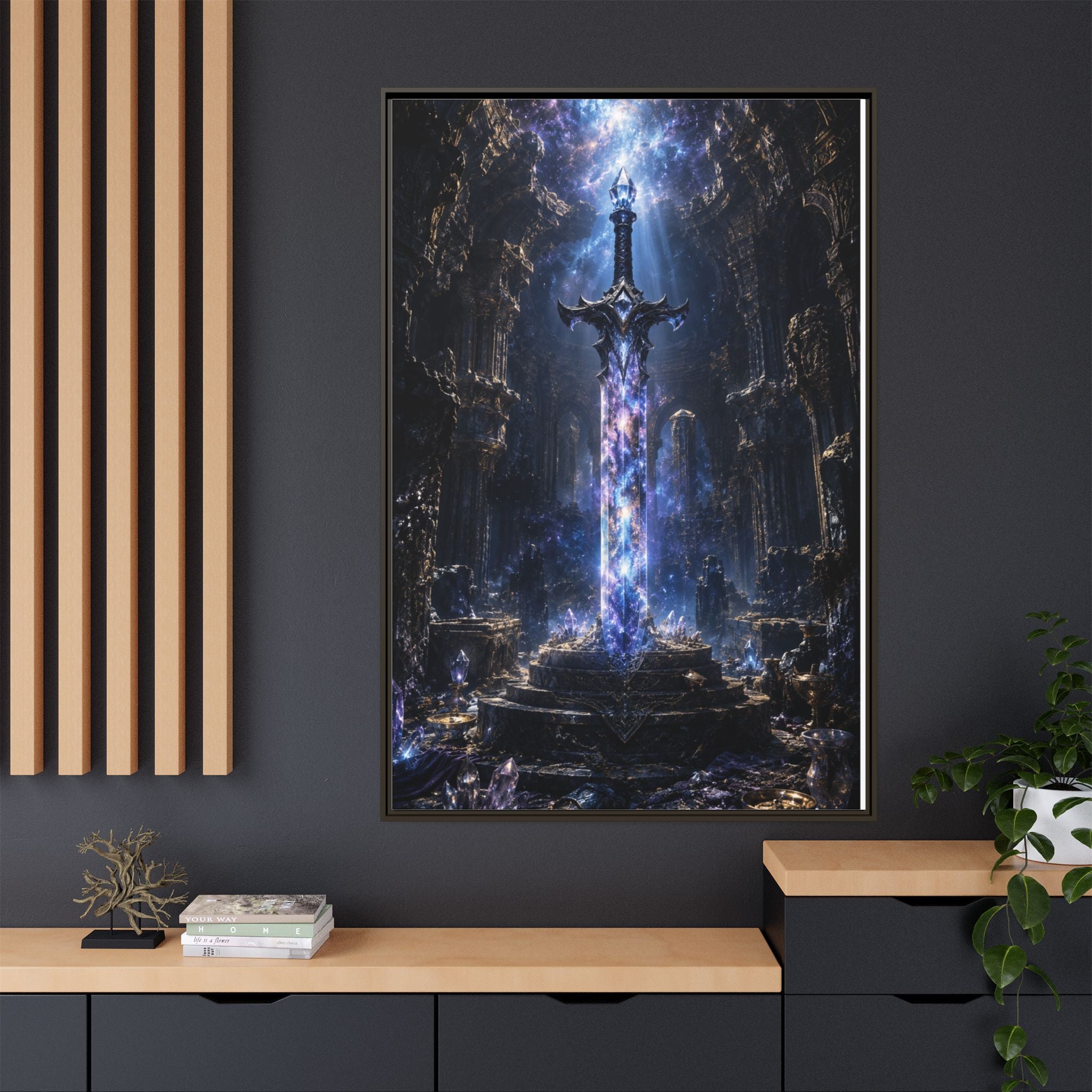 Framed Fantasy Sword Canvas — Mystical Glowing Blade Wall Art