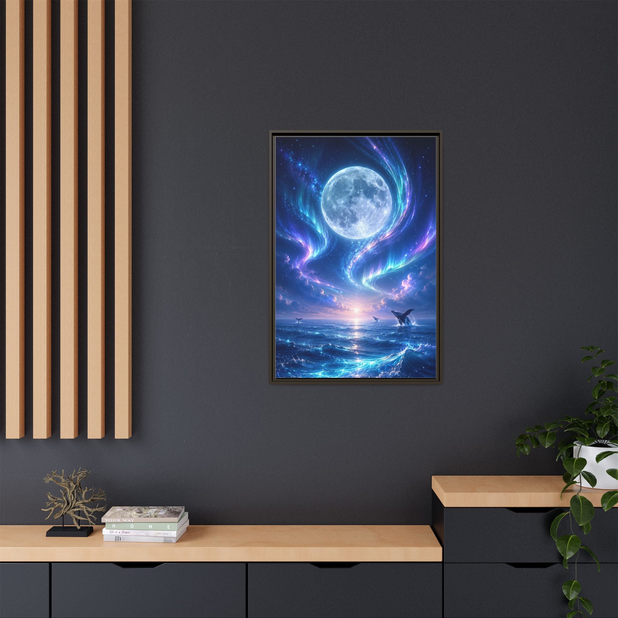 Framed Canvas Art - Lunar Aurora Ocean Scene