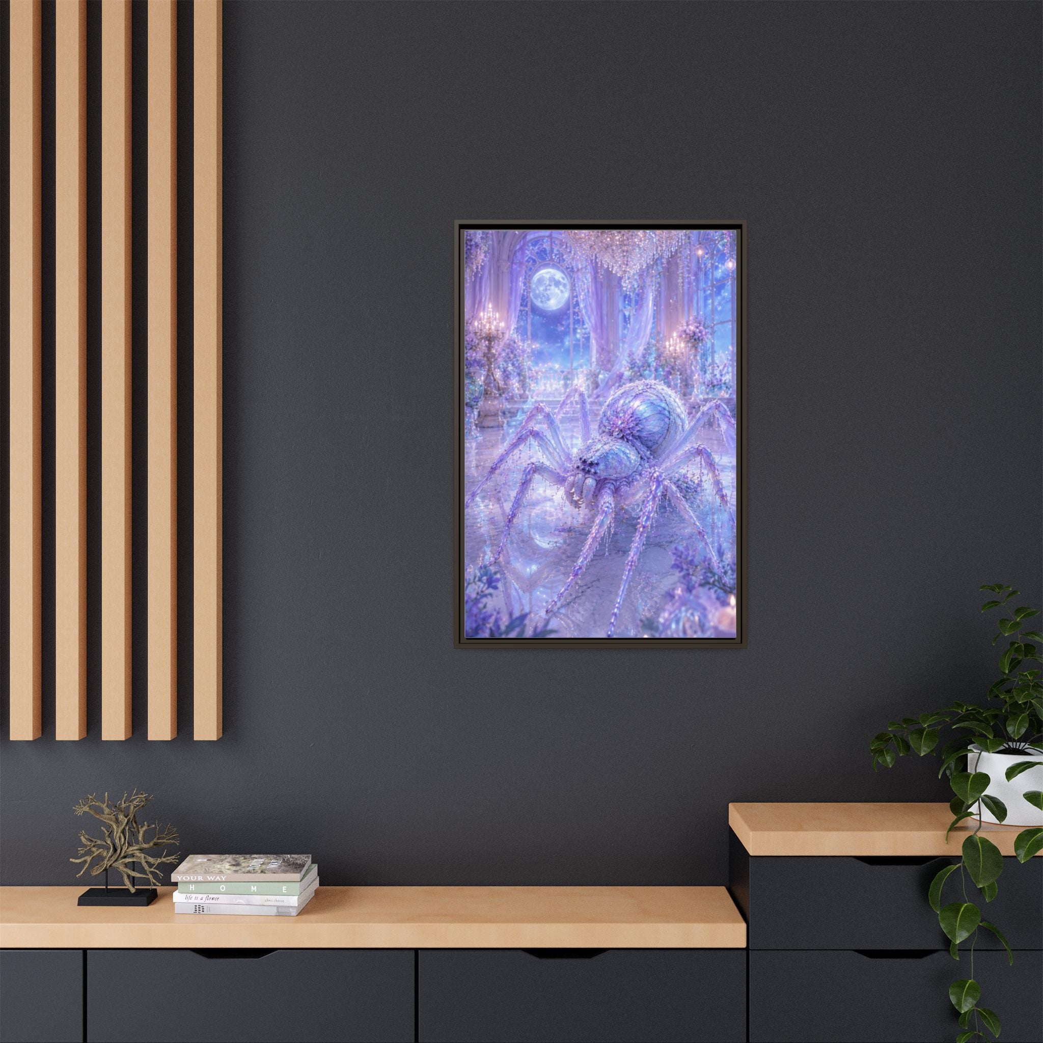 Moonlit Spider Fantasy Canvas Print — Lavender Enchanted Wall Art (Framed)