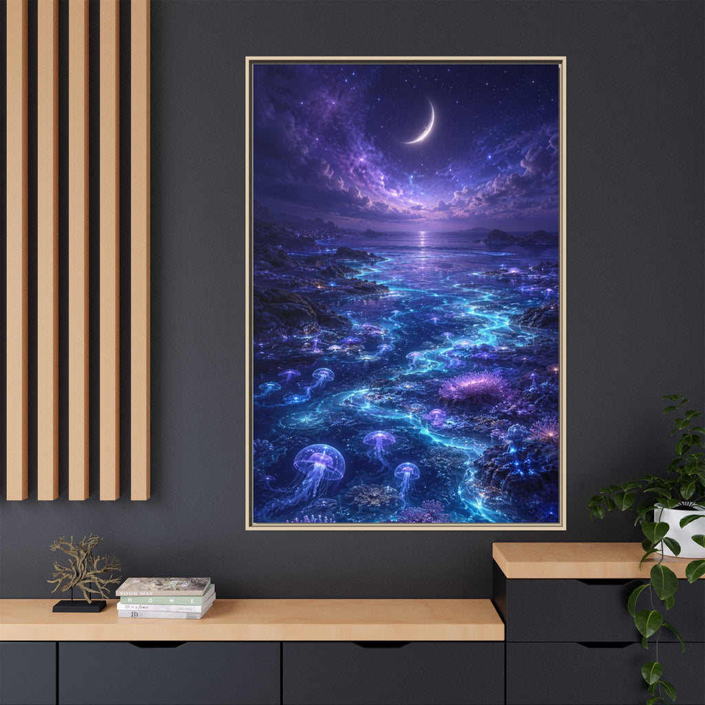 Framed Canvas Art — Bioluminescent Moonlit Ocean Scene