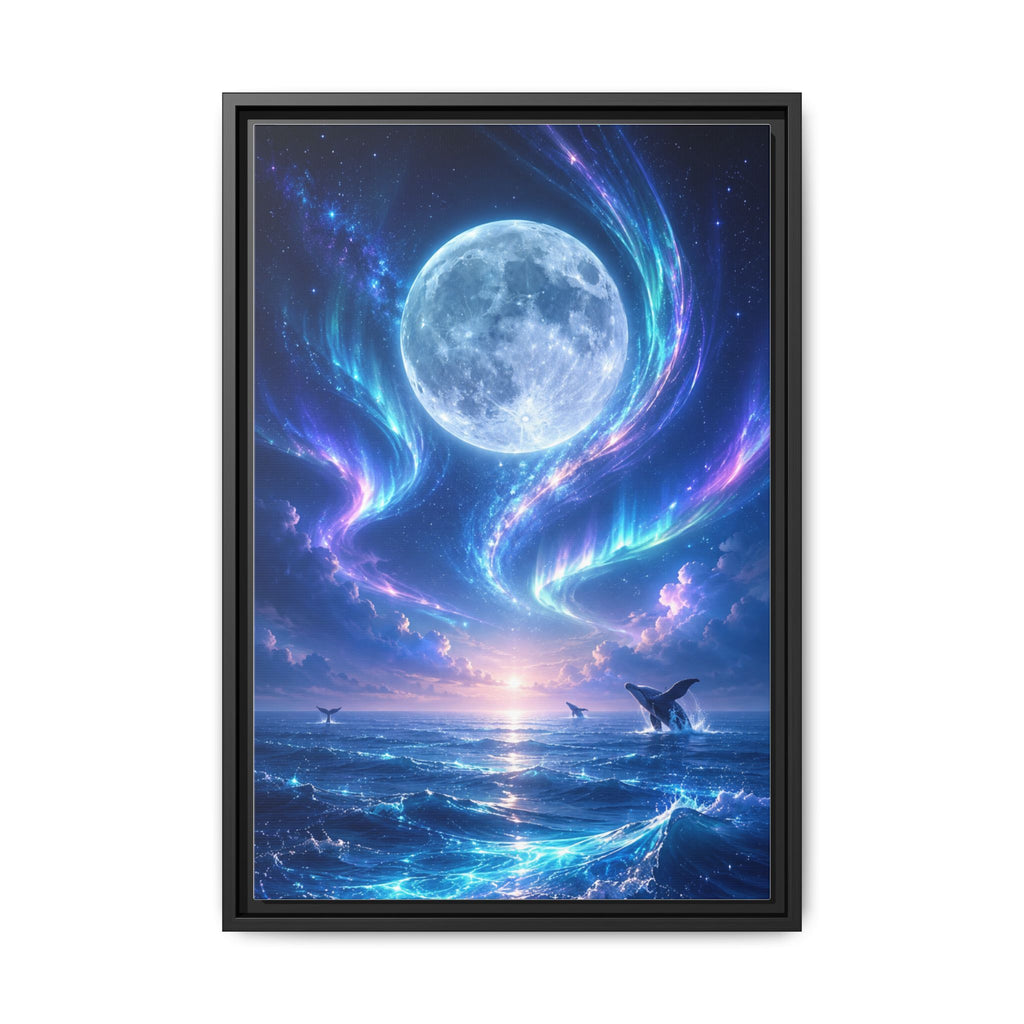 Framed Canvas Art - Lunar Aurora Ocean Scene