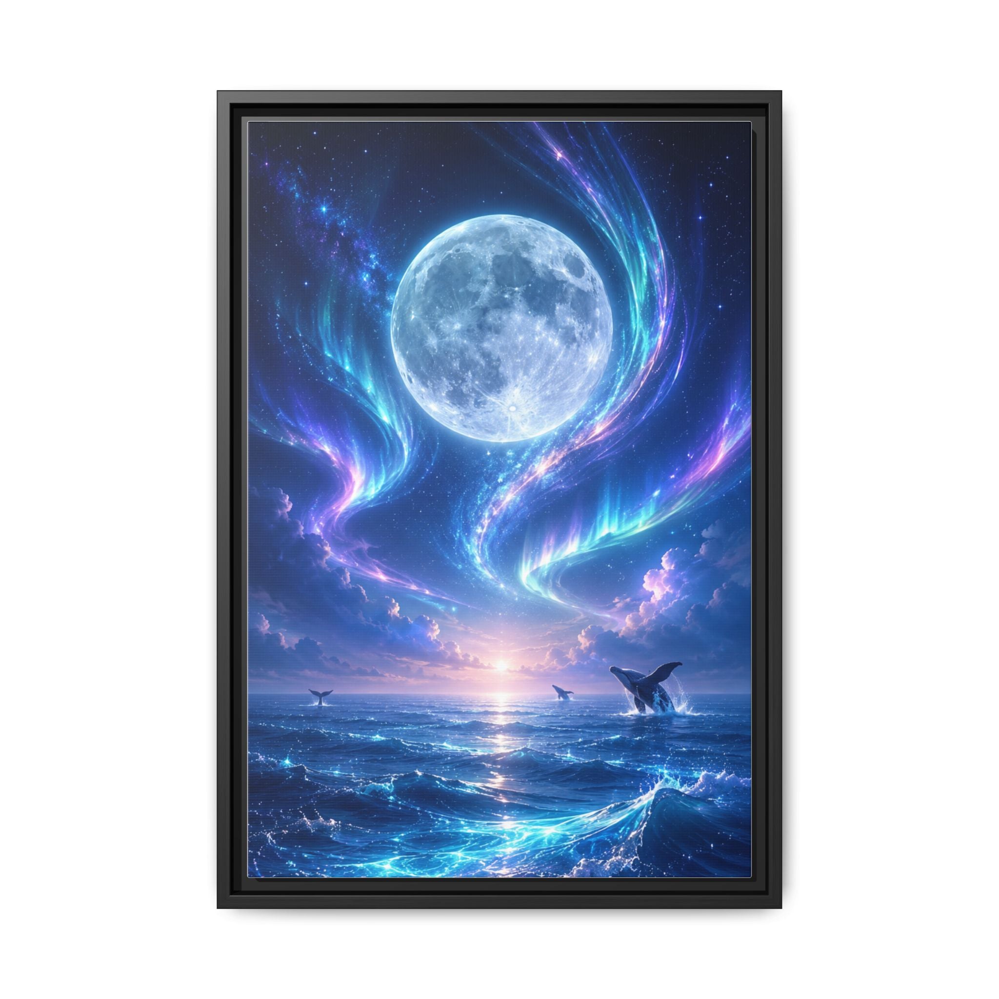 Framed Canvas Art - Lunar Aurora Ocean Scene