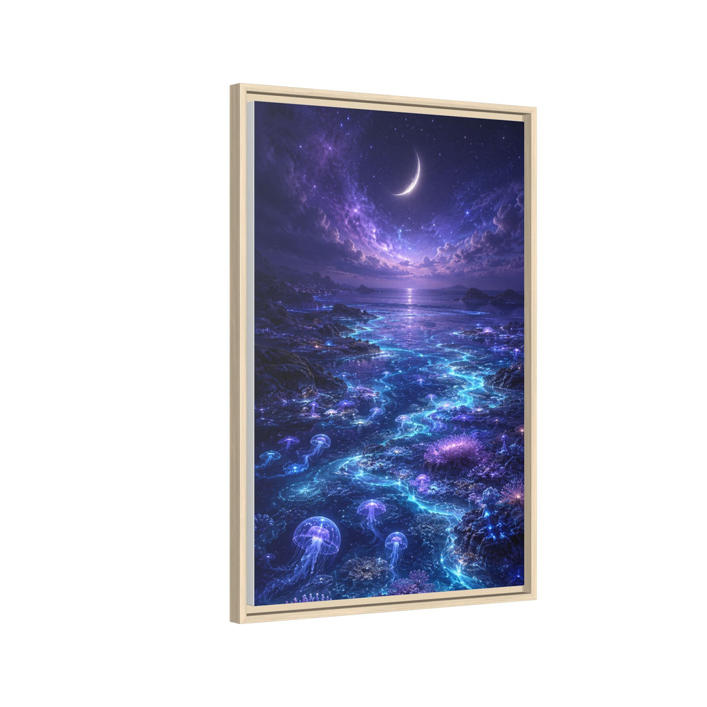 Framed Canvas Art — Bioluminescent Moonlit Ocean Scene