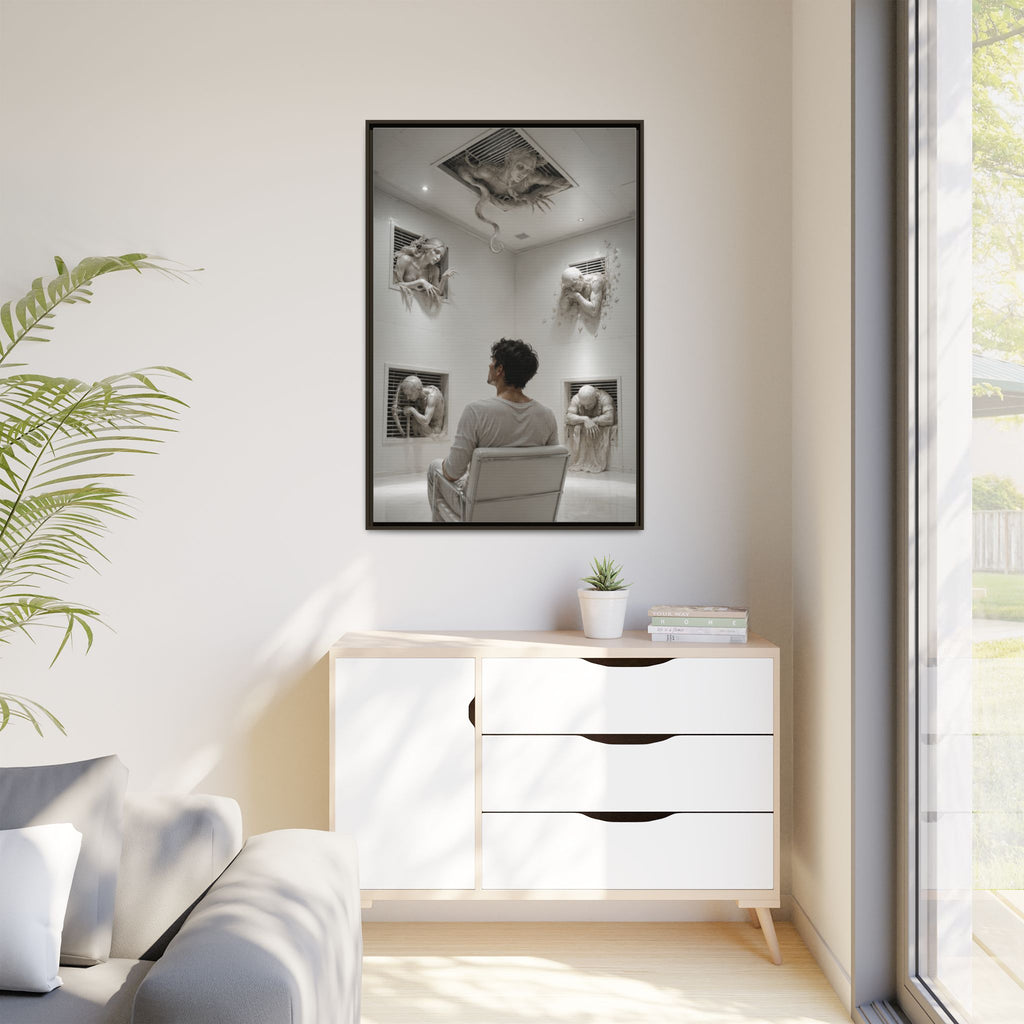 Surreal Wall Art Canvas — Man in Gallery with Sculpted Figures, Framed Matte Print