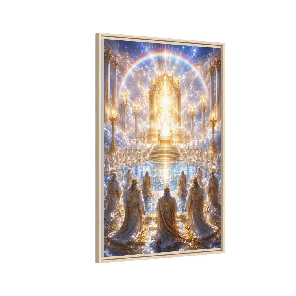 Heavenly Throne Room Matte Framed Canvas — Golden Angelic Realm Wall Art