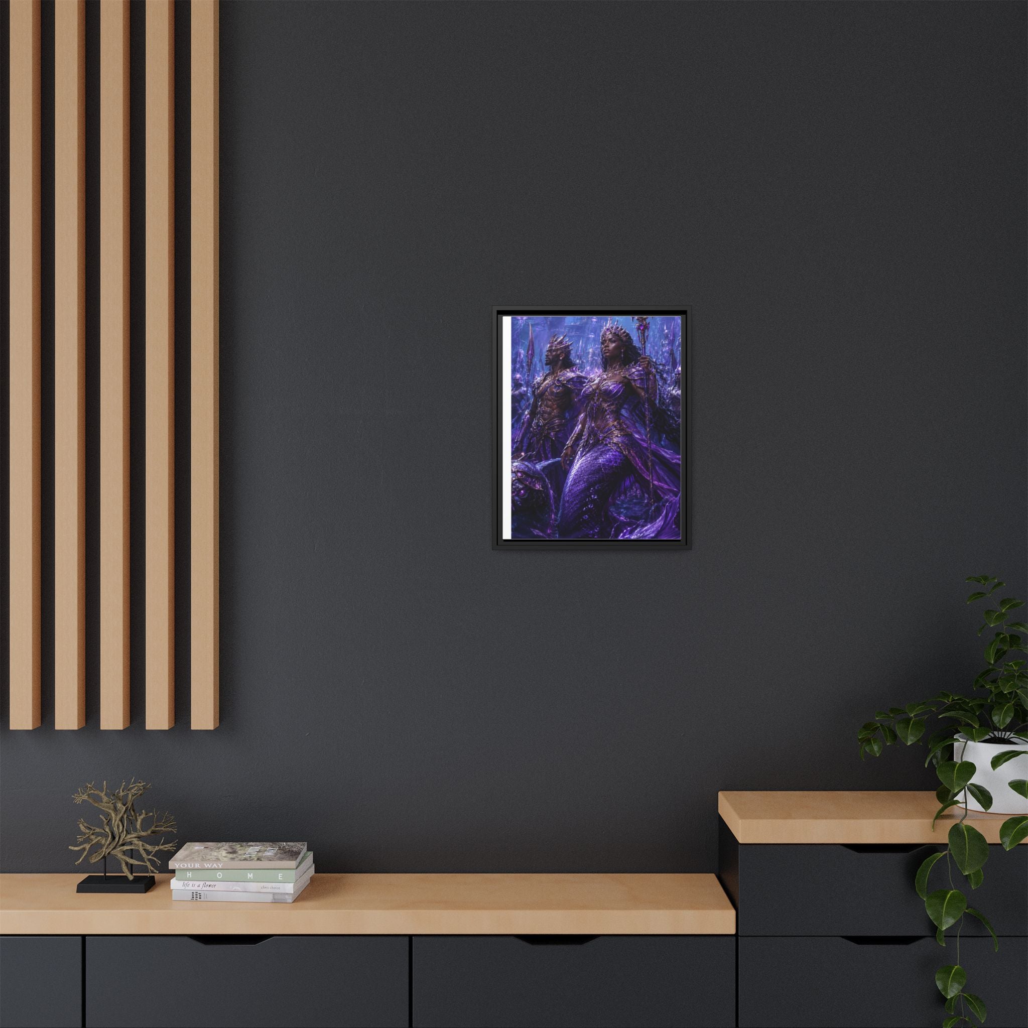 Framed Matte Canvas Print — Regal Underwater Merfolk Royalty (Purple)