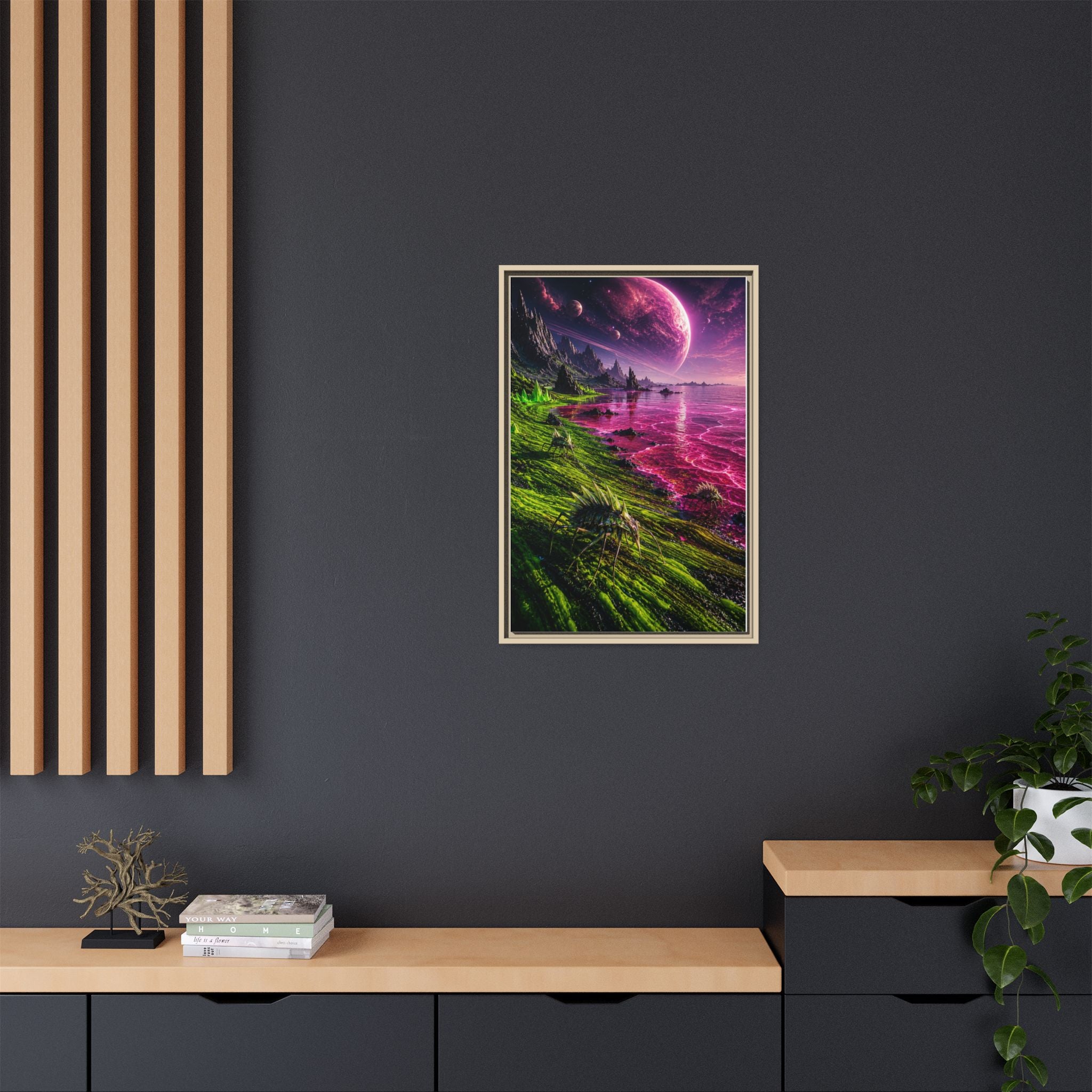Framed Matte Canvas - Neon Alien Landscape Wall Art