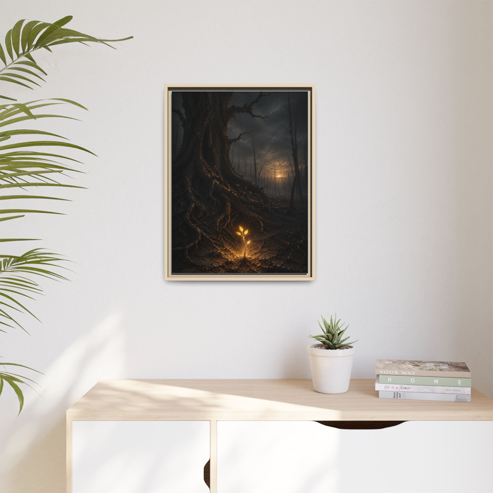 Framed Matte Canvas — Glow Sprout in Dark Forest (Ethereal Fantasy Wall Art)