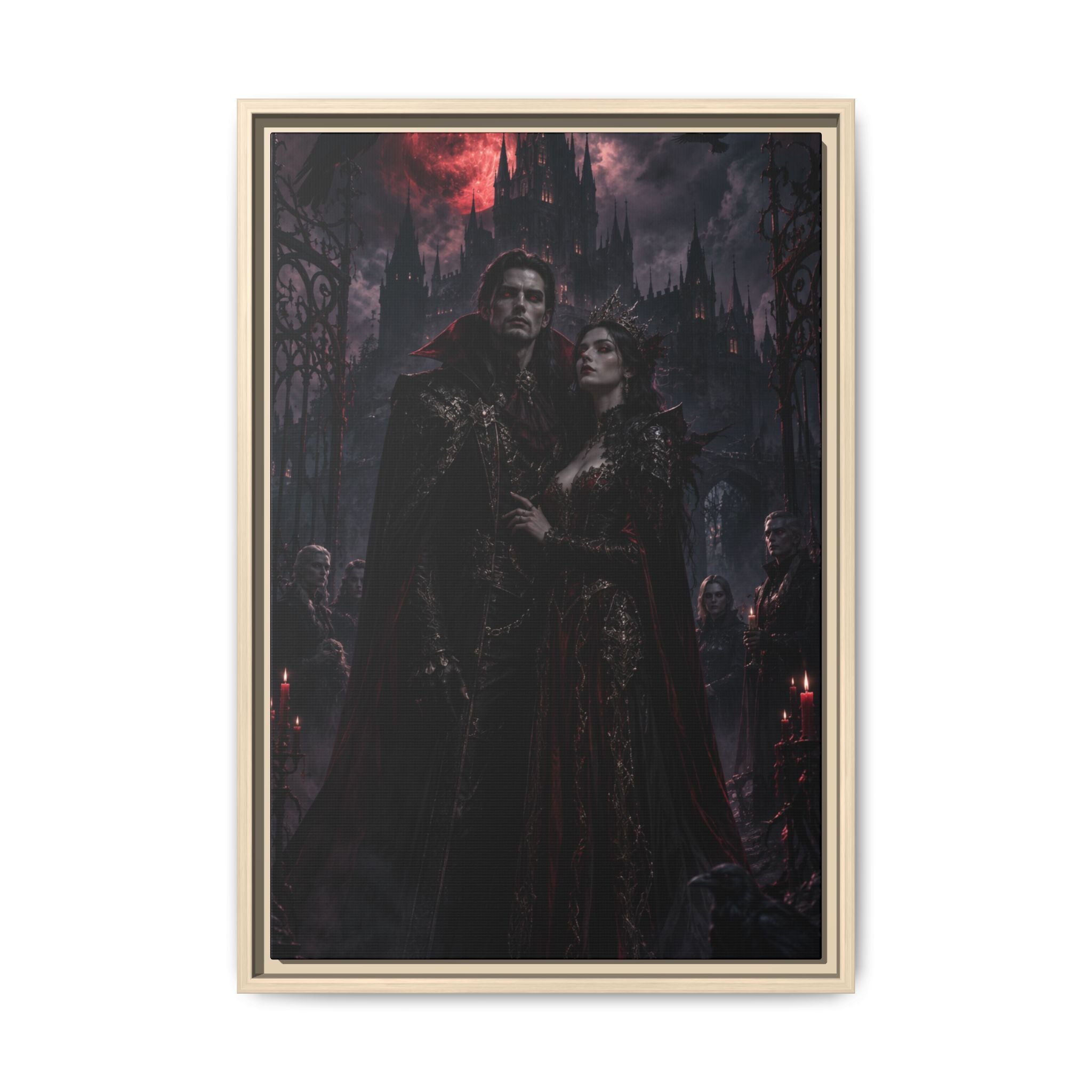 Vampire Couple Matte Fine Art Paper Print – Gothic Red Moon Wall Decor