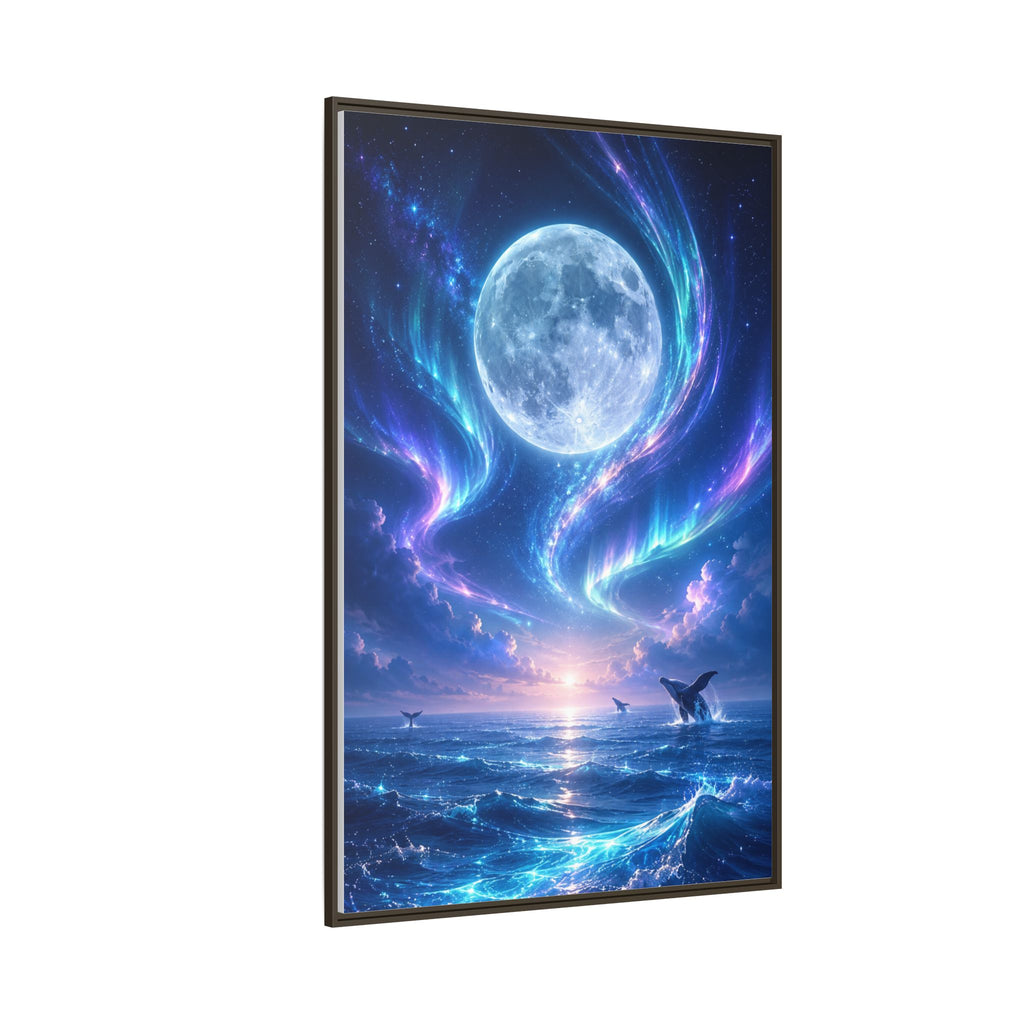 Framed Canvas Art - Lunar Aurora Ocean Scene