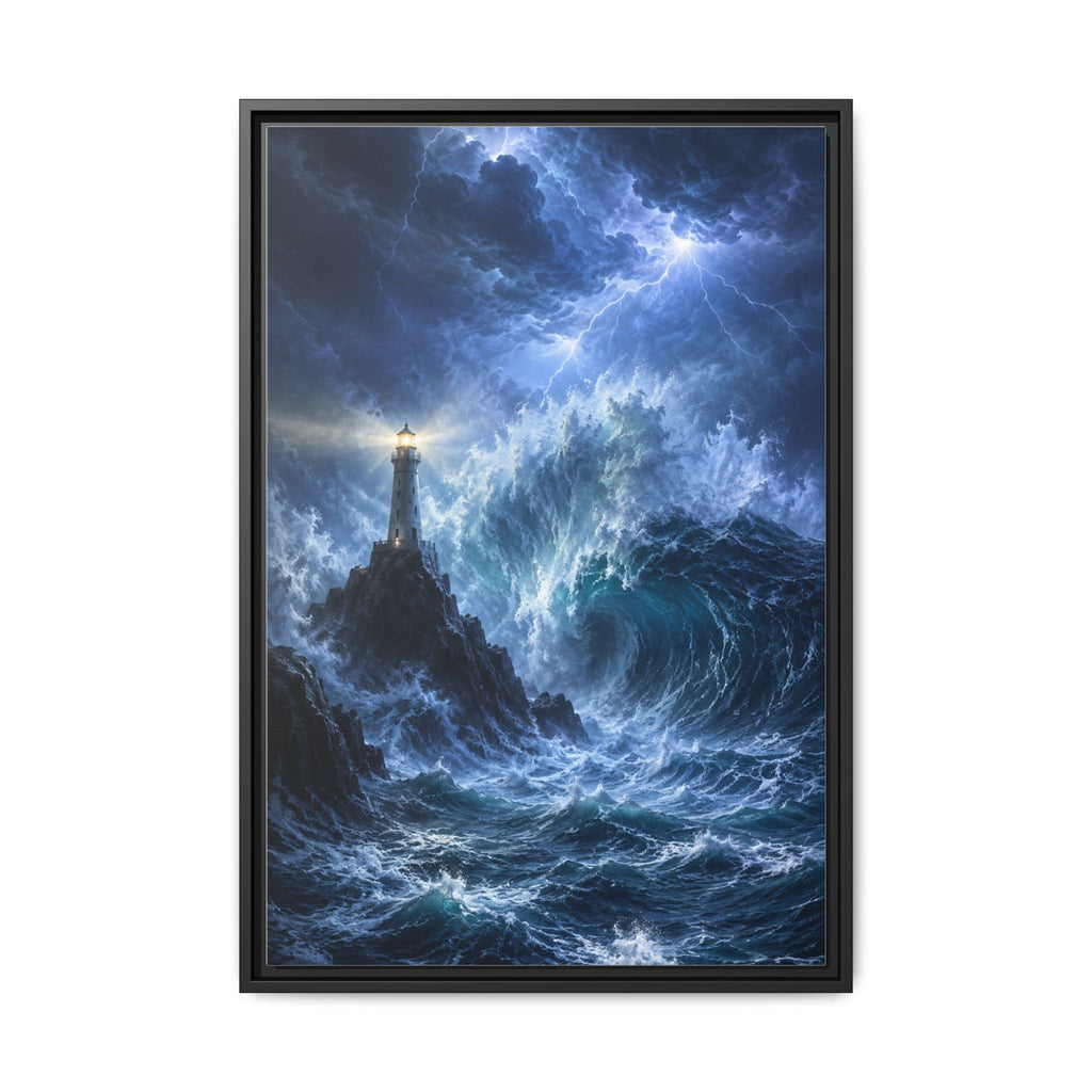 Framed Matte Canvas – Stormy Lighthouse Ocean Print