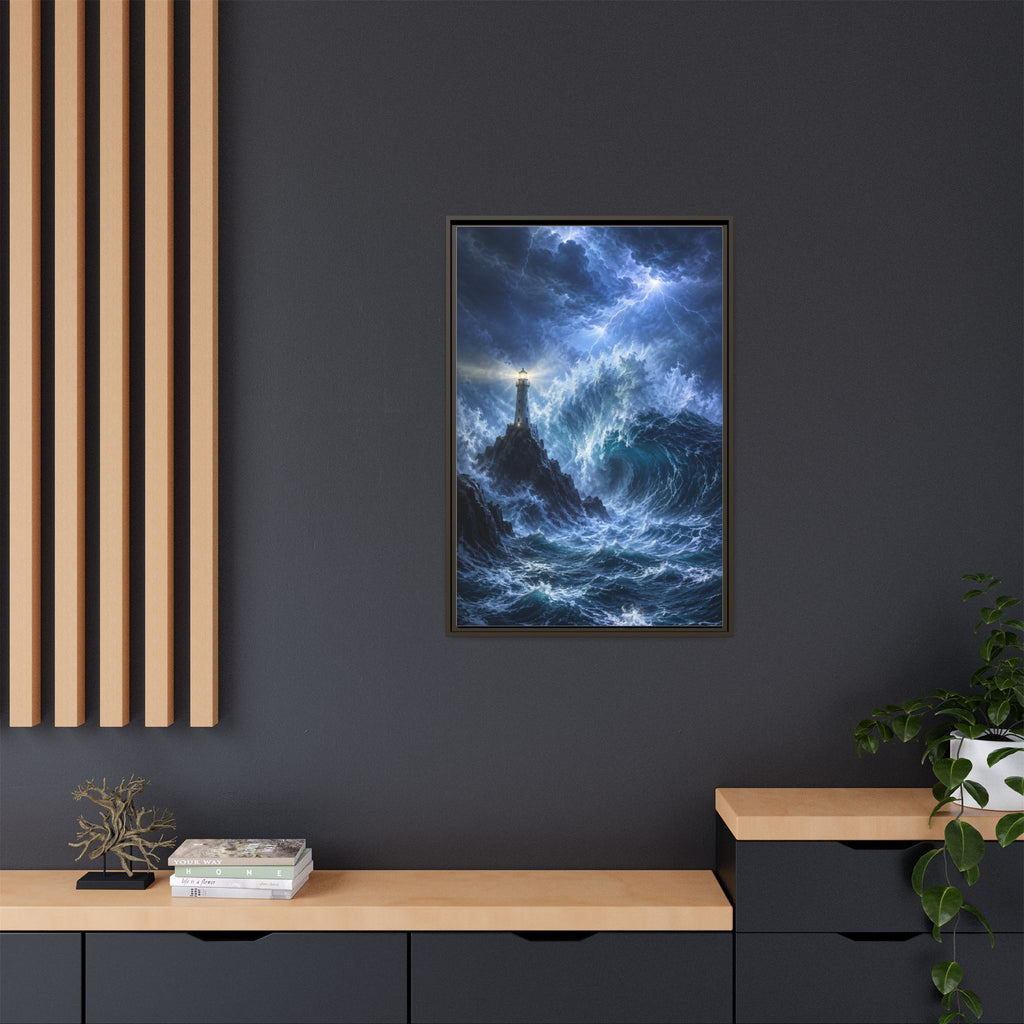 Framed Matte Canvas – Stormy Lighthouse Ocean Print
