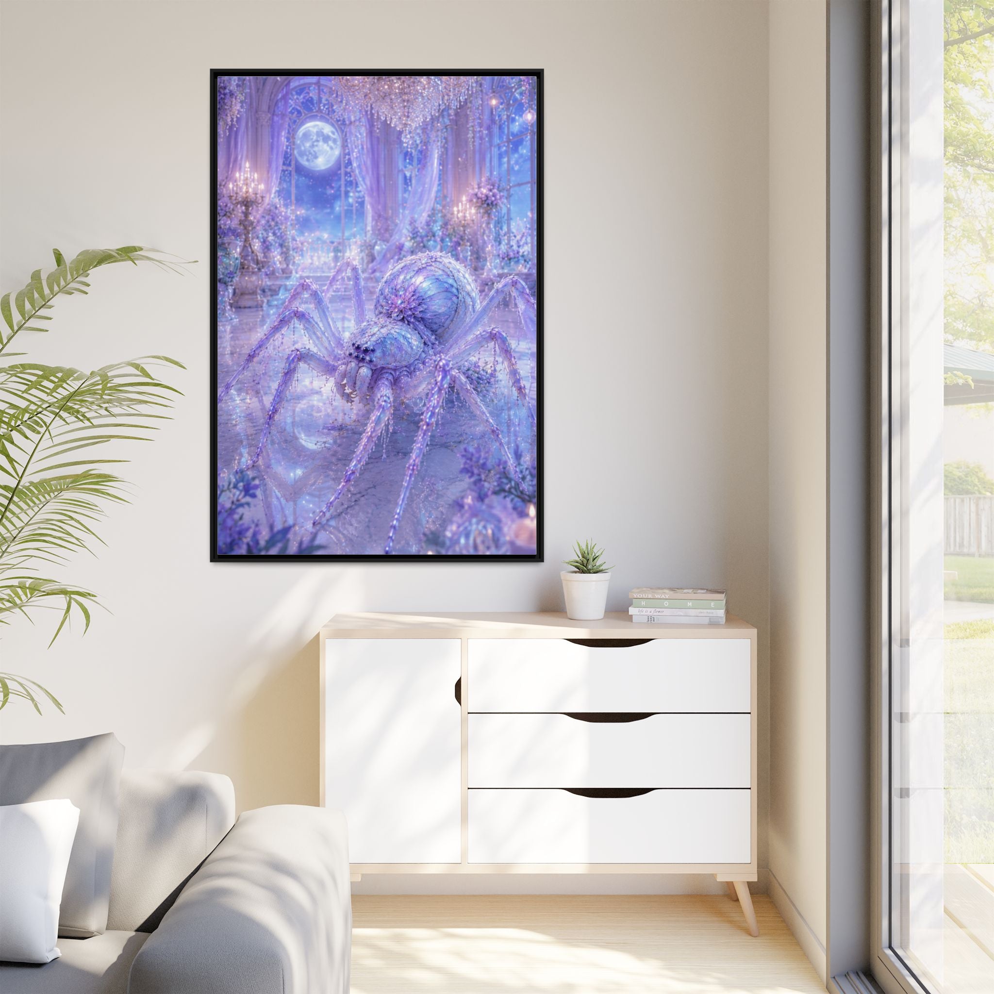 Moonlit Spider Fantasy Canvas Print — Lavender Enchanted Wall Art (Framed)