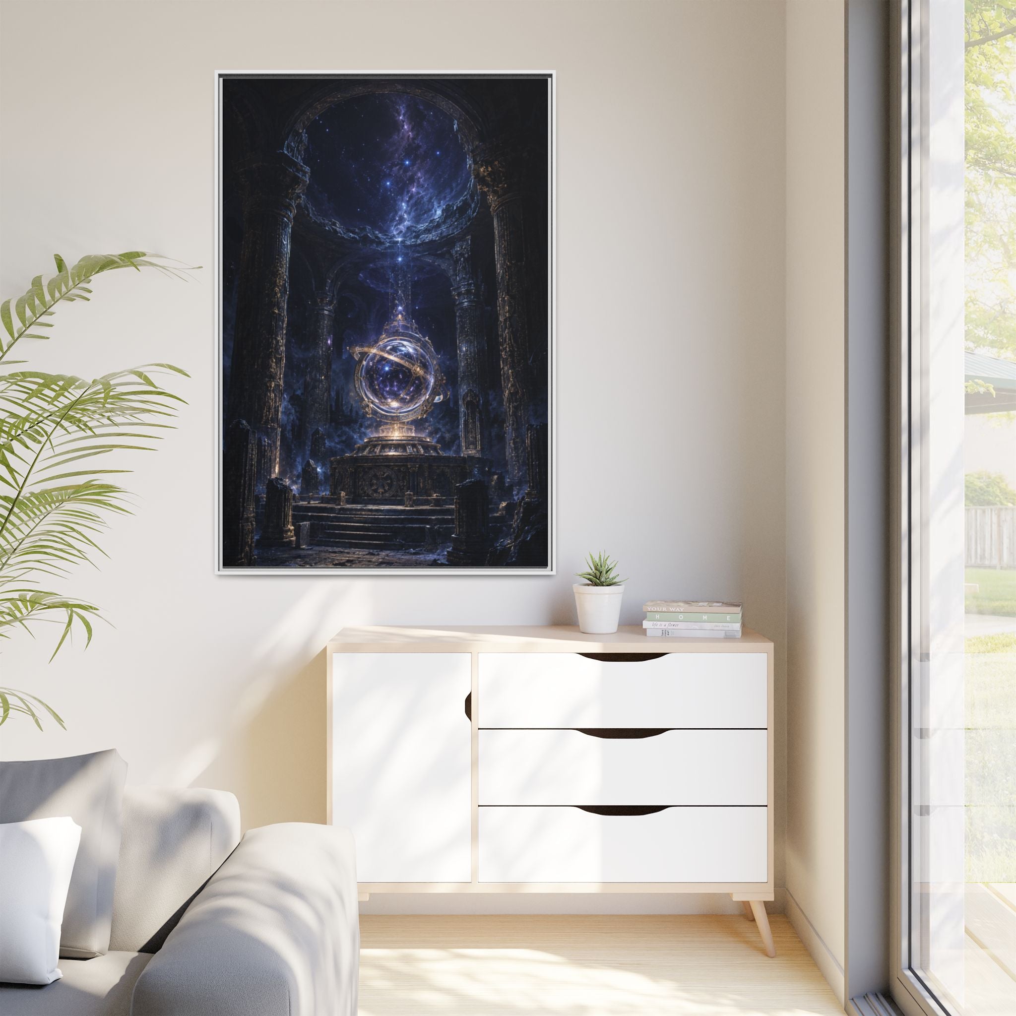 Framed Cosmic Temple Matte Canvas Art — Mystic Astral Orb Wall Decor
