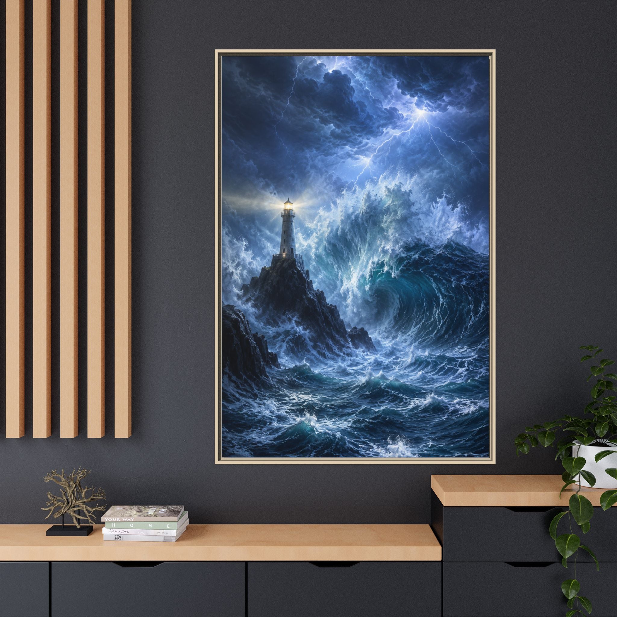 Framed Matte Canvas – Stormy Lighthouse Ocean Print