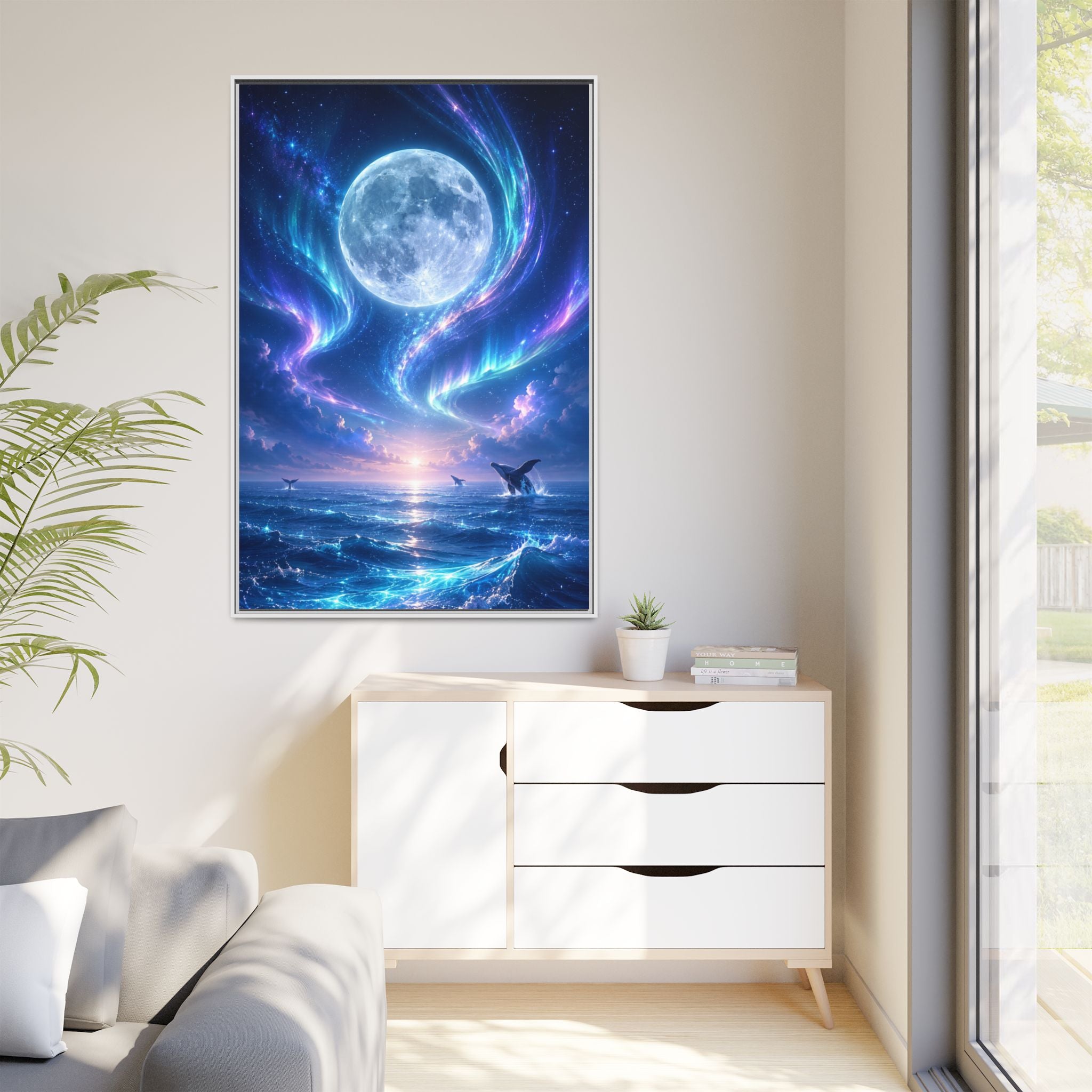 Framed Canvas Art - Lunar Aurora Ocean Scene