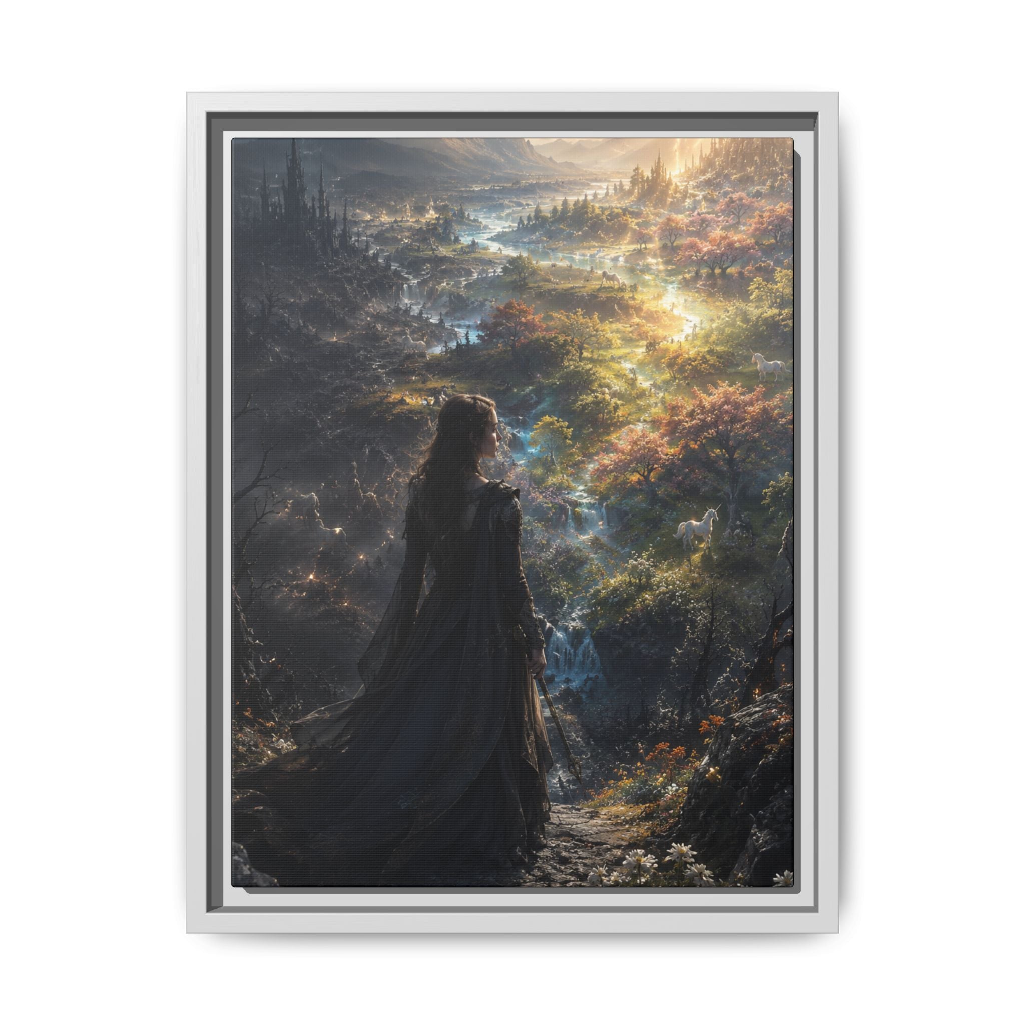 Fine Art Paper Print — Mystical Woman Over Enchanted Valley (Multi‑Color)