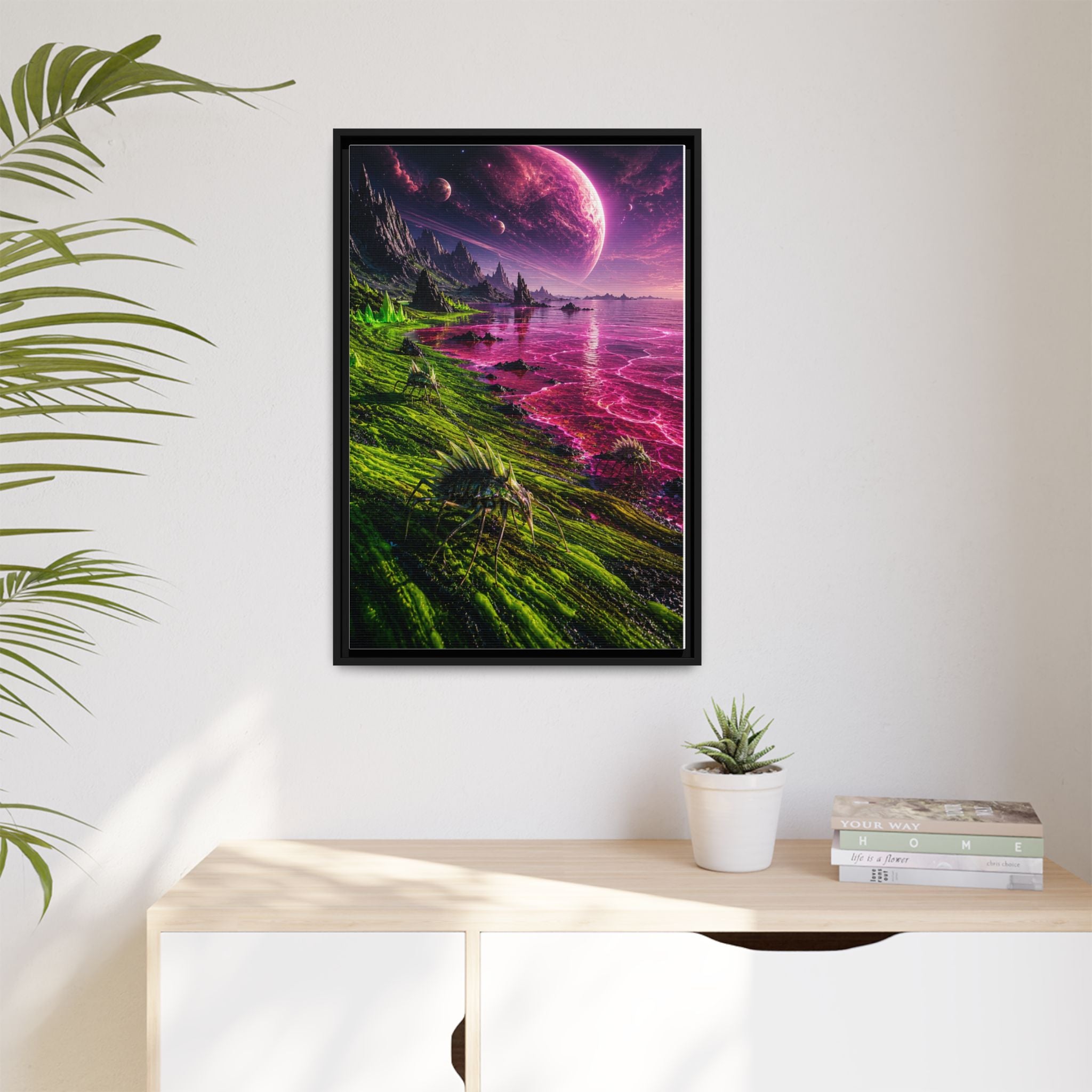 Framed Matte Canvas - Neon Alien Landscape Wall Art