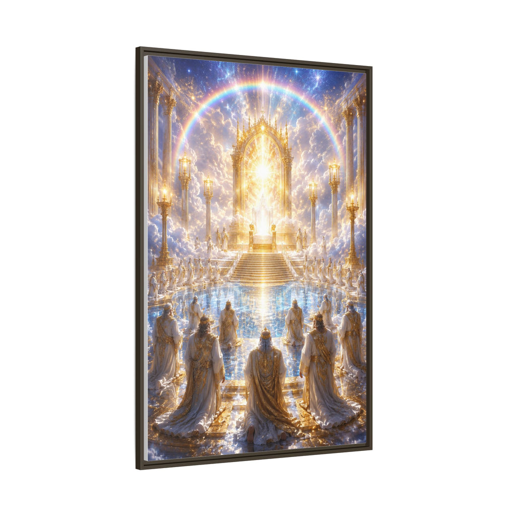 Heavenly Throne Room Matte Framed Canvas — Golden Angelic Realm Wall Art