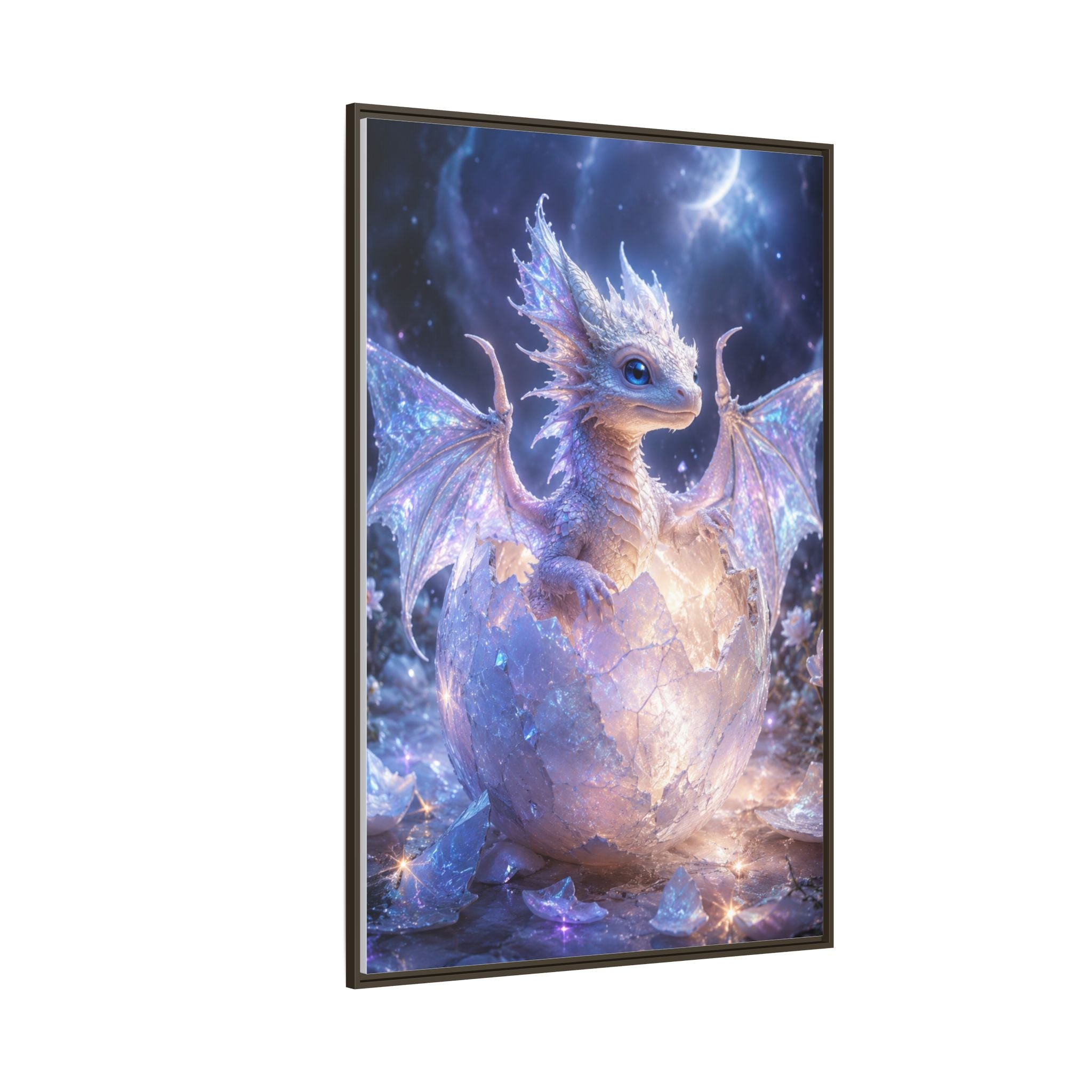 Framed Fantasy Dragon Canvas Print — Mystical Baby Dragon in Cracked Egg Wall Art