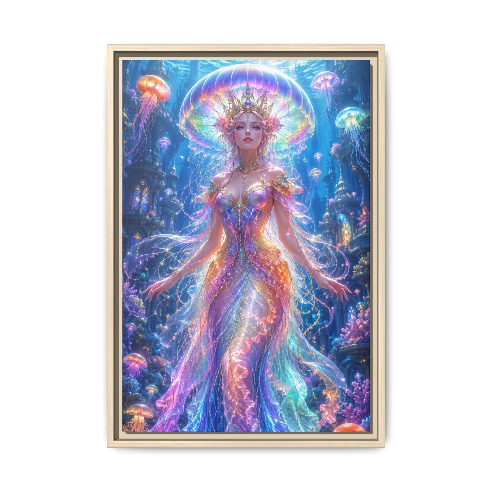 Jellyfish Queen Framed Canvas Art — Vibrant Mermaid Goddess Wall Print