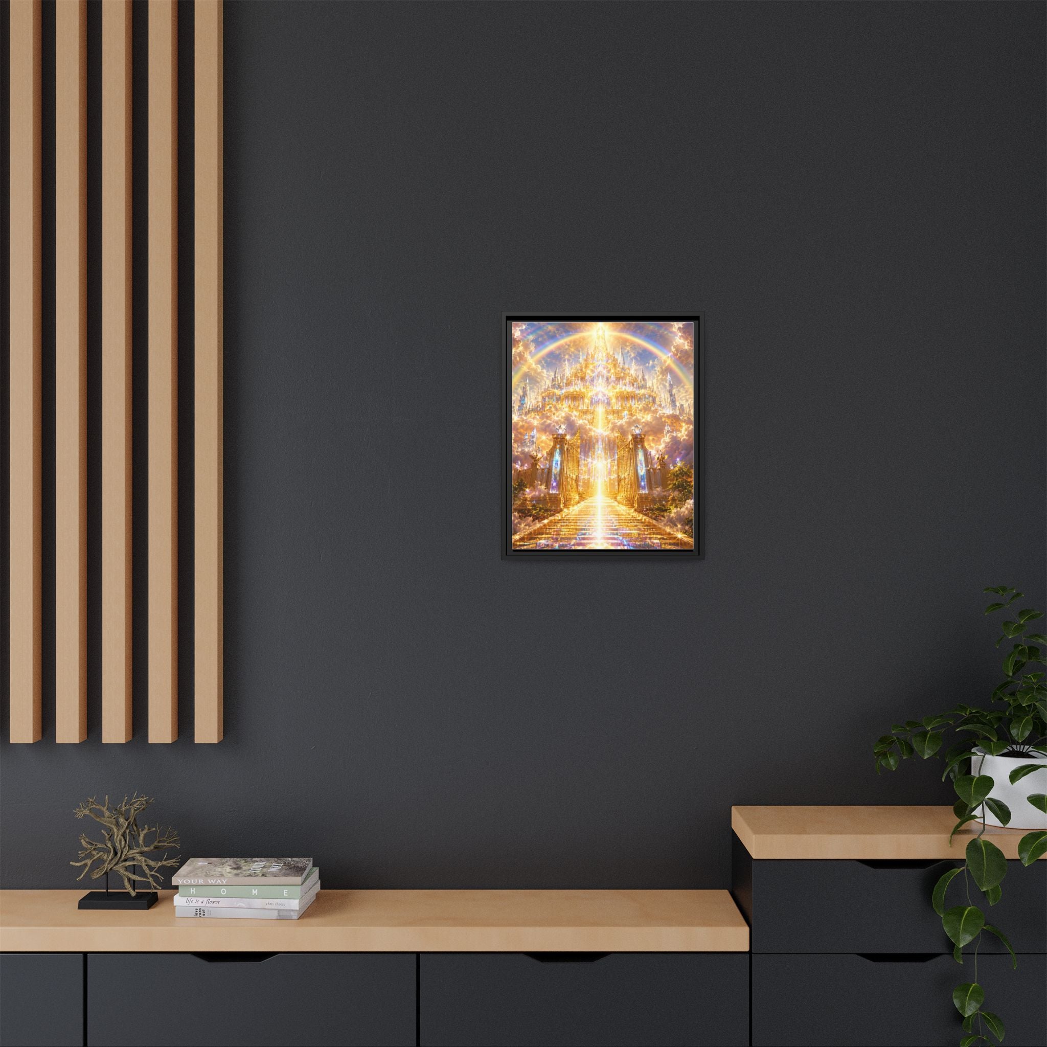 Heavenly Gateway Matte Framed Canvas — Golden Rainbow Spiritual Wall Art