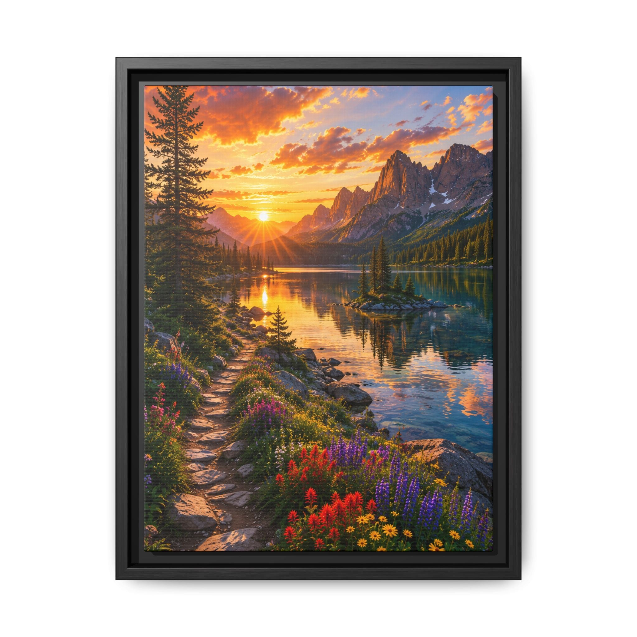 Framed Framed Canvas Print — Sunset Mountain Lake with Wildflower Trail