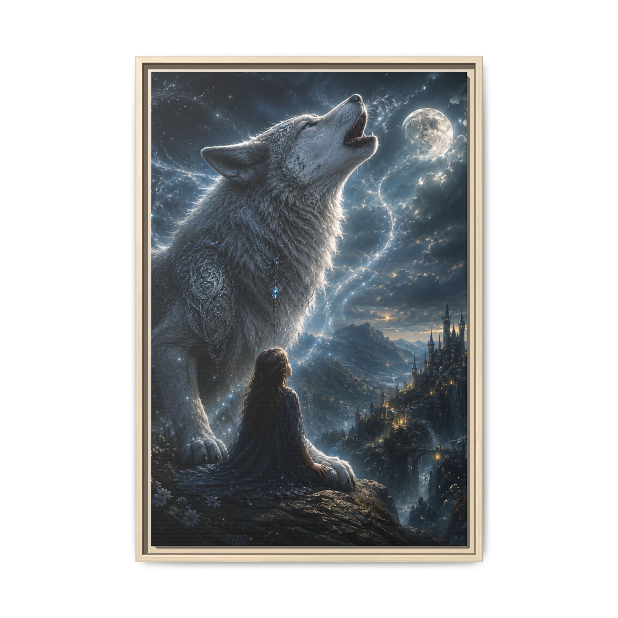 Howling Wolf Moon Matte Canvas Print — Framed Fantasy Wall Art