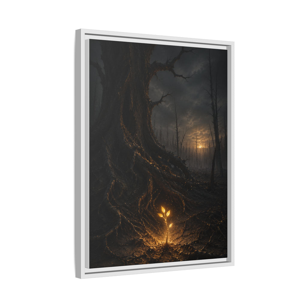 Framed Matte Canvas — Glow Sprout in Dark Forest (Ethereal Fantasy Wall Art)