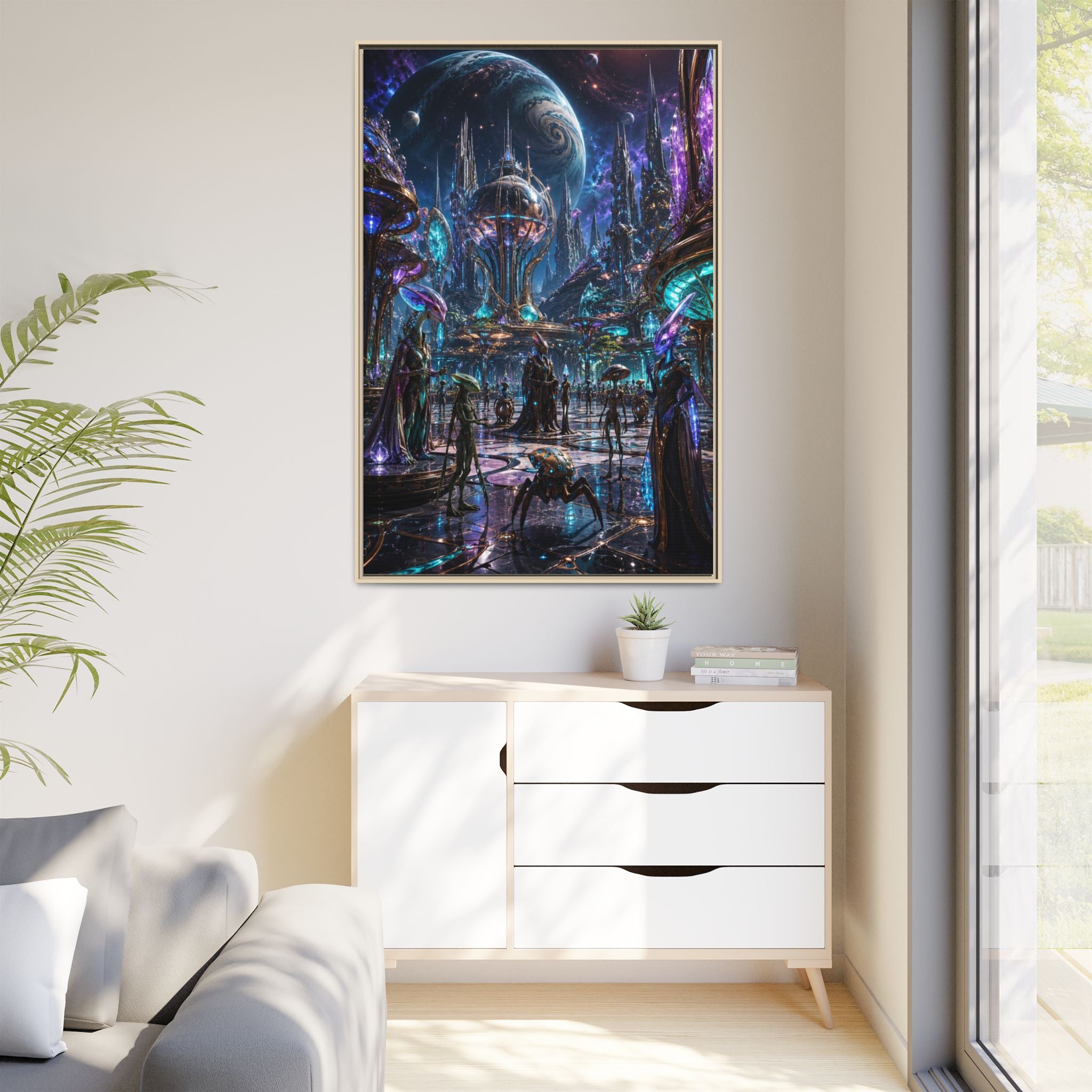 Framed Matte Canvas - Neon Sci‑Fi Cityscape Wall Art