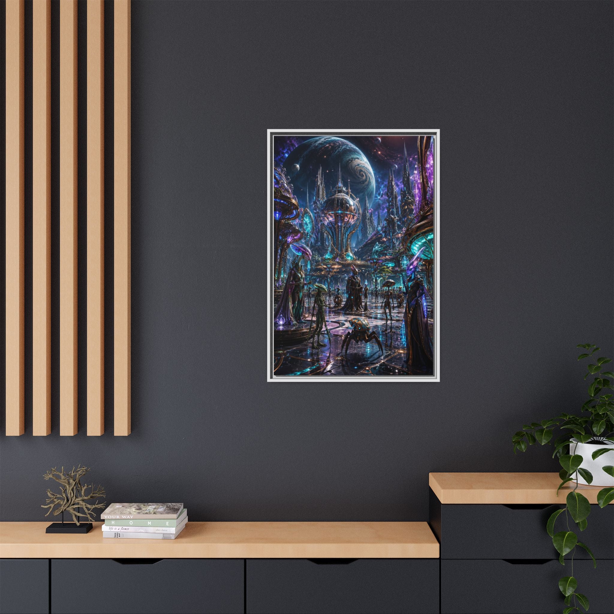 Framed Matte Canvas - Neon Sci‑Fi Cityscape Wall Art