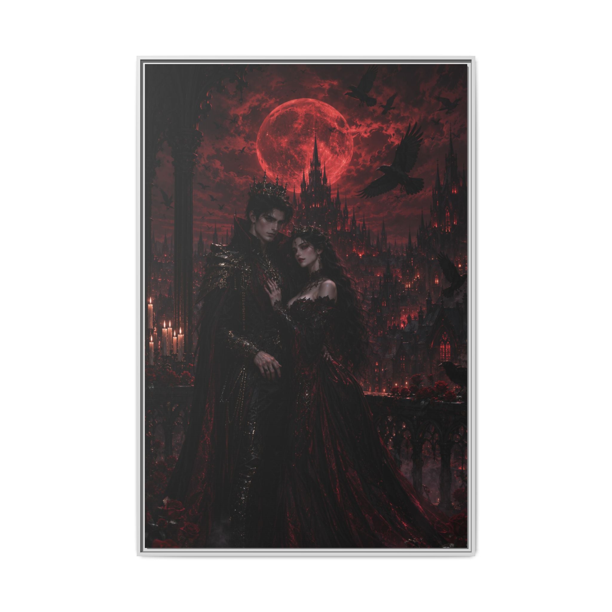 Vampire Lovers Matte Framed Canvas — Gothic Red Moon Wall Art