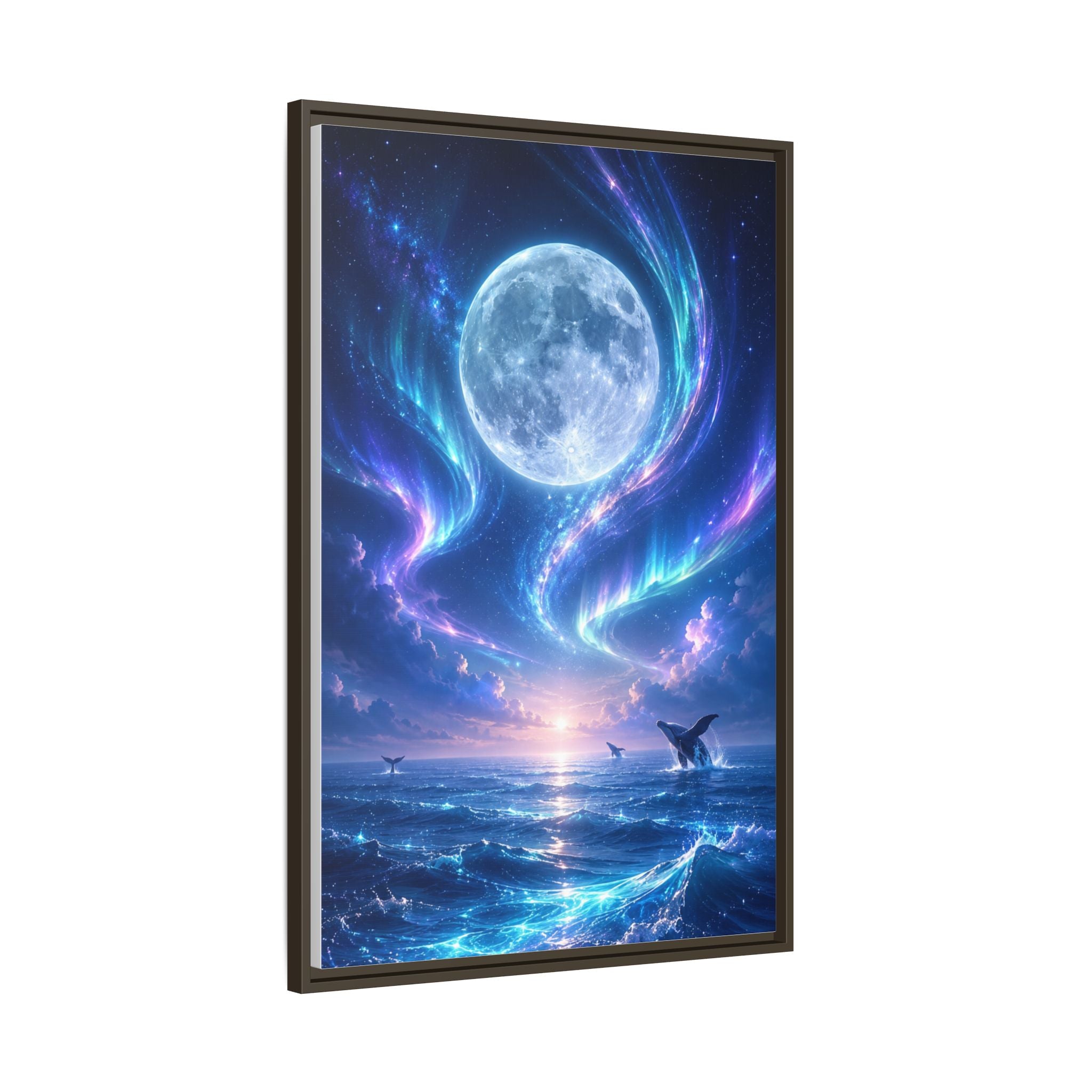 Framed Canvas Art - Lunar Aurora Ocean Scene