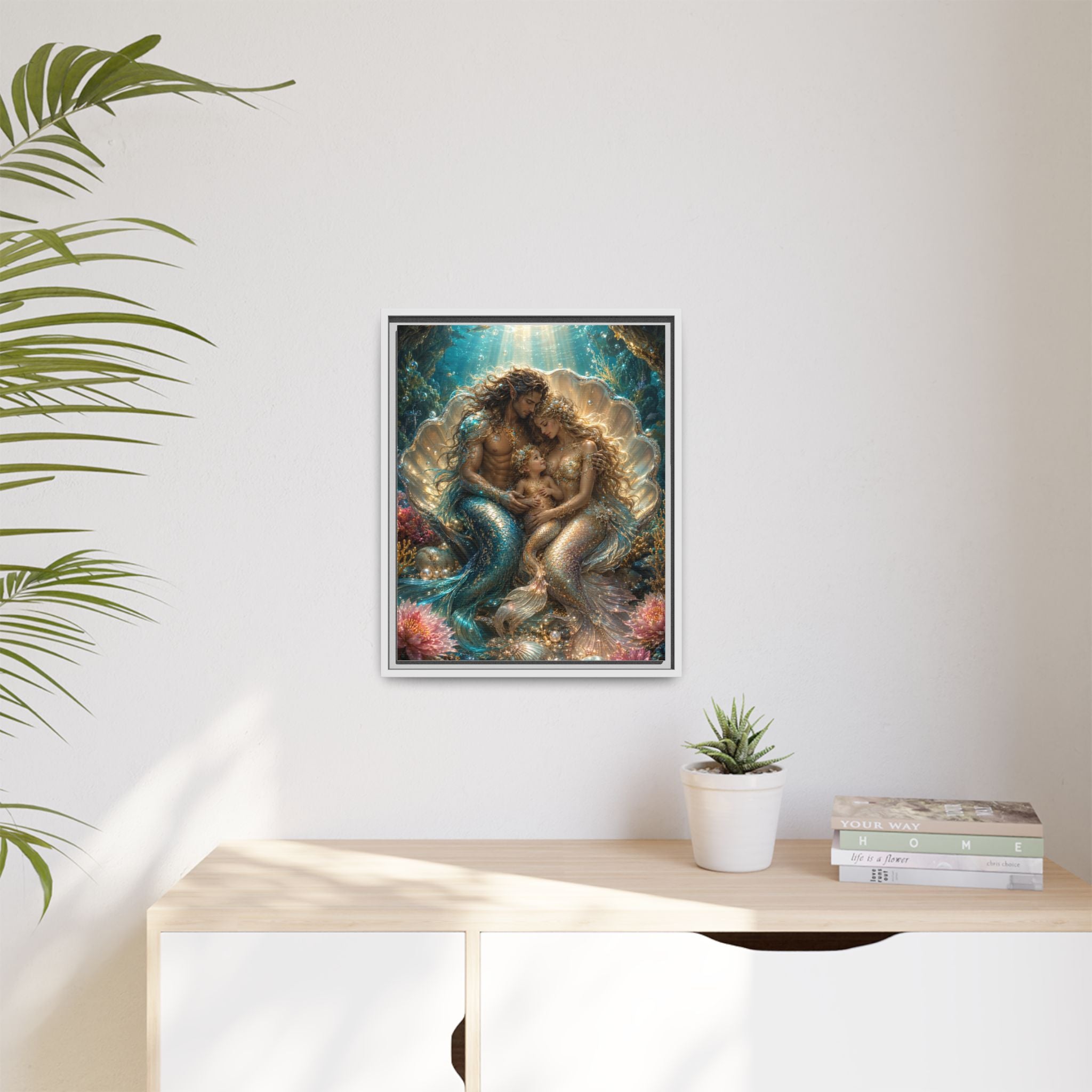 Framed Mermaid Family Art Print — Oceanic Fantasy Canvas Wall Decor
