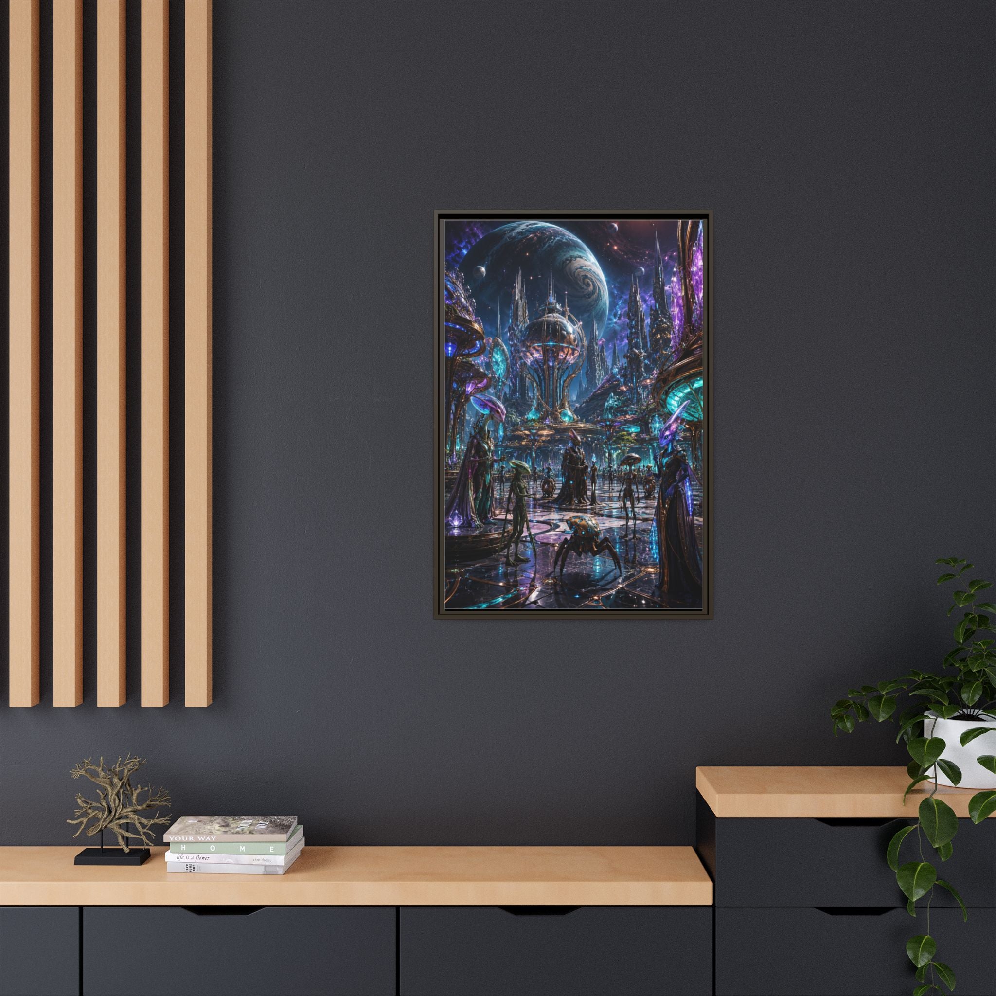 Framed Matte Canvas - Neon Sci‑Fi Cityscape Wall Art