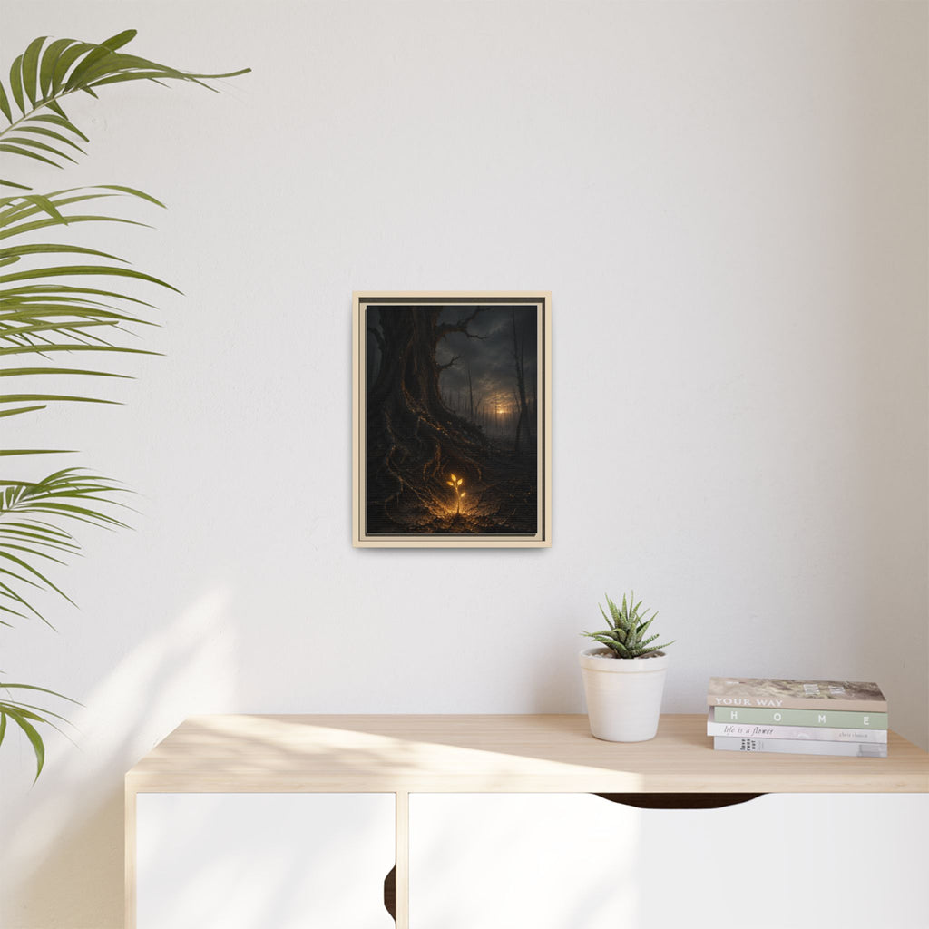 Framed Matte Canvas — Glow Sprout in Dark Forest (Ethereal Fantasy Wall Art)